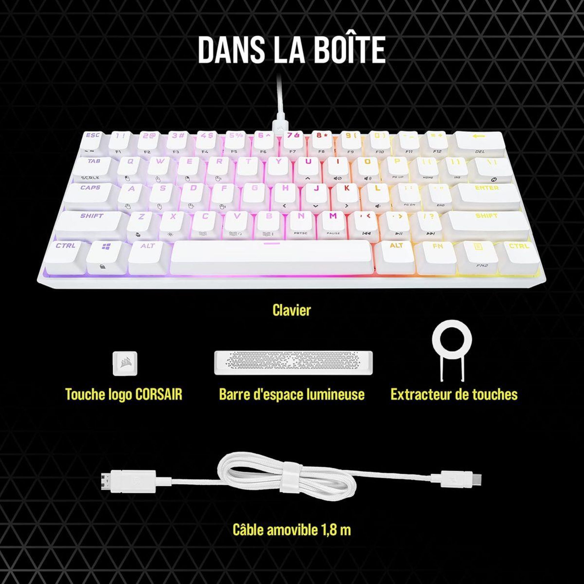 Voir la diapositive 2 : Corsair Clavier gamer k65 rgb mini cherry mx red blanc