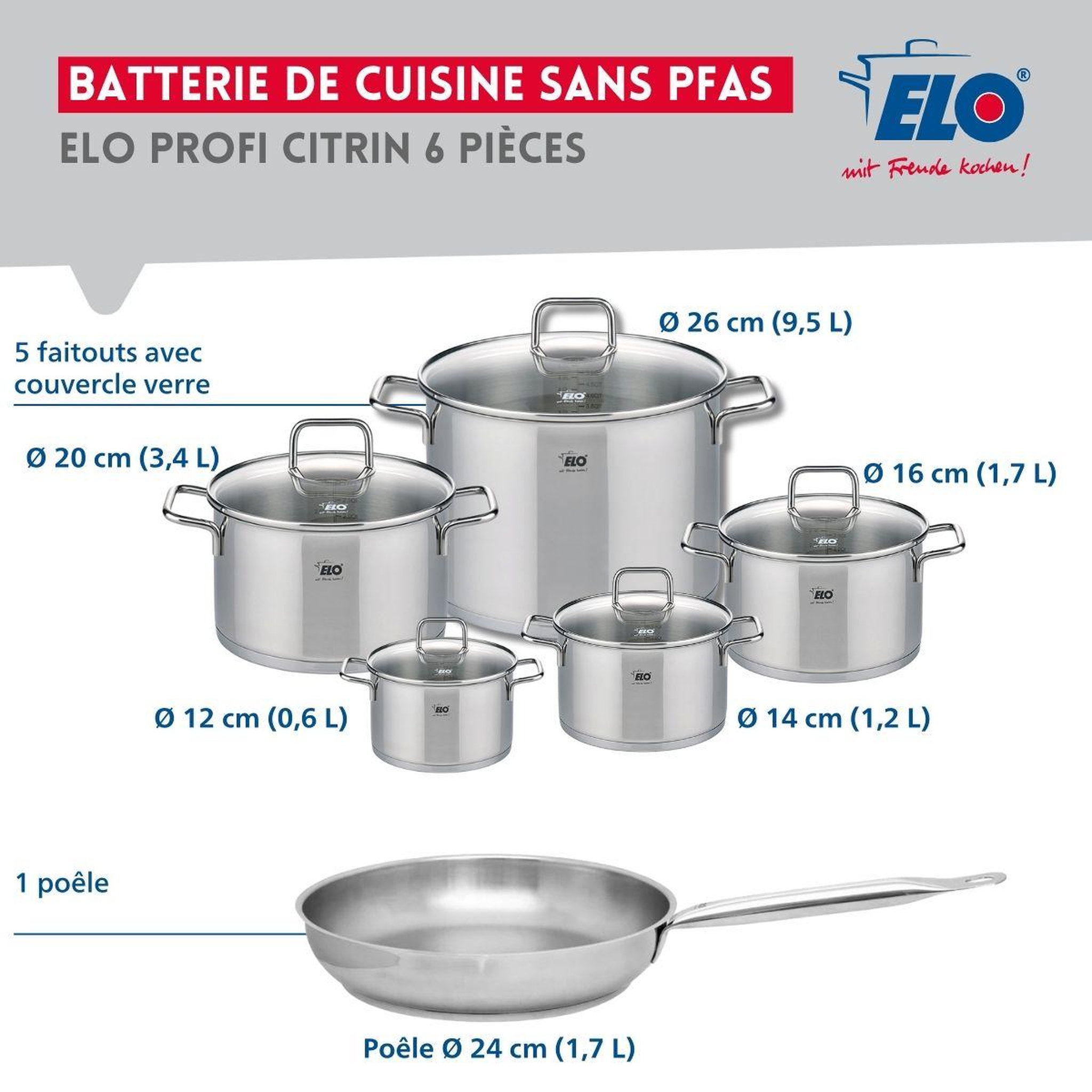 Voir la diapositive 2 : ELO Ensemble de 1 poêle de cuisson 24 cm et 5 faitouts 12, 14, 16, 20 et 26 cm elo profi citrin