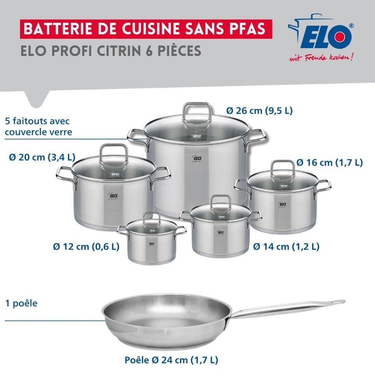 ELO Ensemble de 1 Poêle de cuisson 24 cm et 5 faitouts 12, 14, 16, 20 et 26 cm Elo Profi Citrin