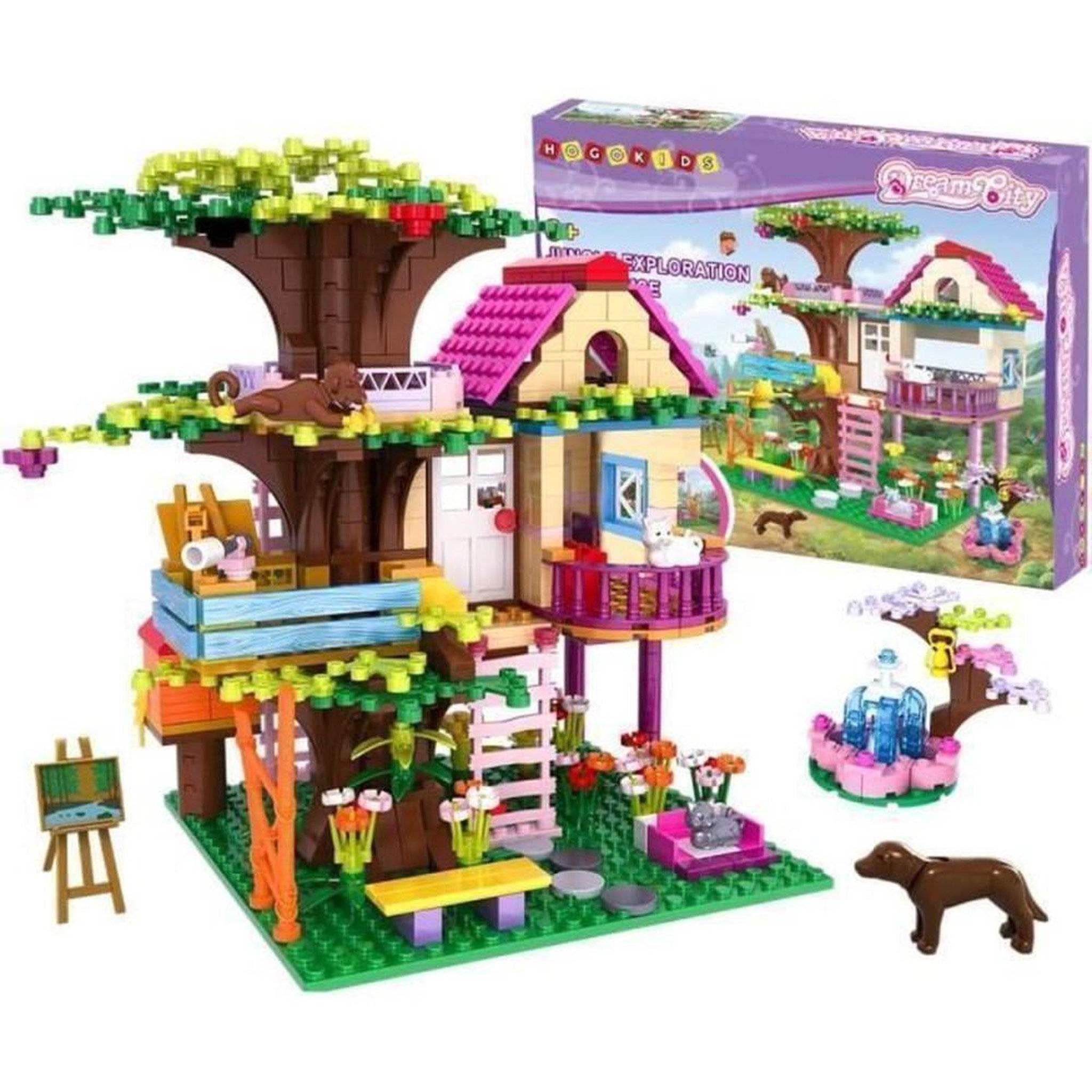 Jeu de construction STEM Cabane dans les Arbres HG C0213 613 pièces en ABS, maison dans la jungle sur 3 niveaux avec balcon, télescope, jardin et animaux