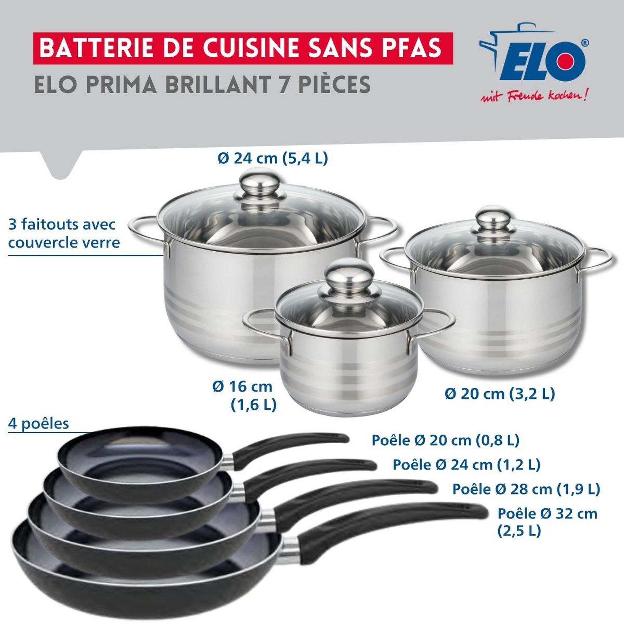Voir la diapositive 2 : ELO Ensemble de 4 poêles de cuisson 20, 24, 28 et 32 cm et 3 faitouts 16, 20 et 24 cm elo prima brillant