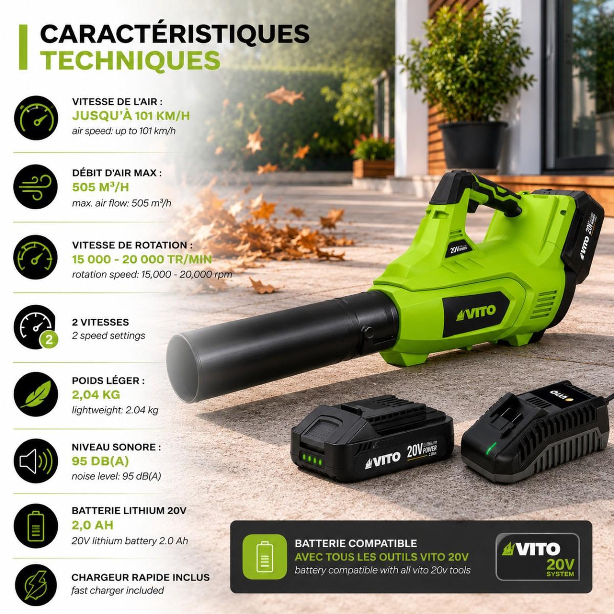 Voir la diapositive 3 : VITO Souffleur de feuilles sans fil 20v + batterie 2ah + chargeur rapide 2 vitesses nettoyage terrasse allée jardin vito