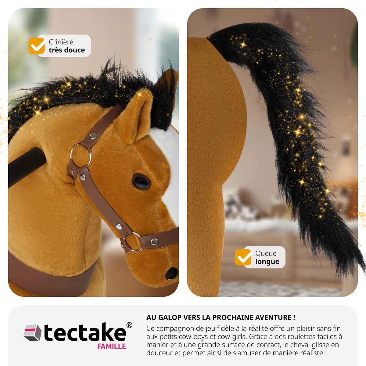 tectake Cheval à bascule sur roulettes au design réaliste Marron clair 34 x 89 x 100 cm