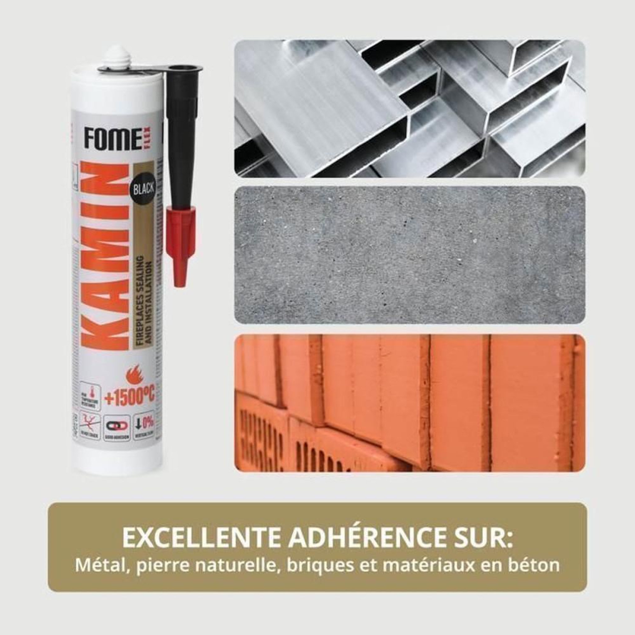 Voir la diapositive 4 : Mastic réfractaire monocomposant pour joints cheminée poêle, résistant jusqu'à 1500 °C, sans solvant, tube 300 ml, noir/gris