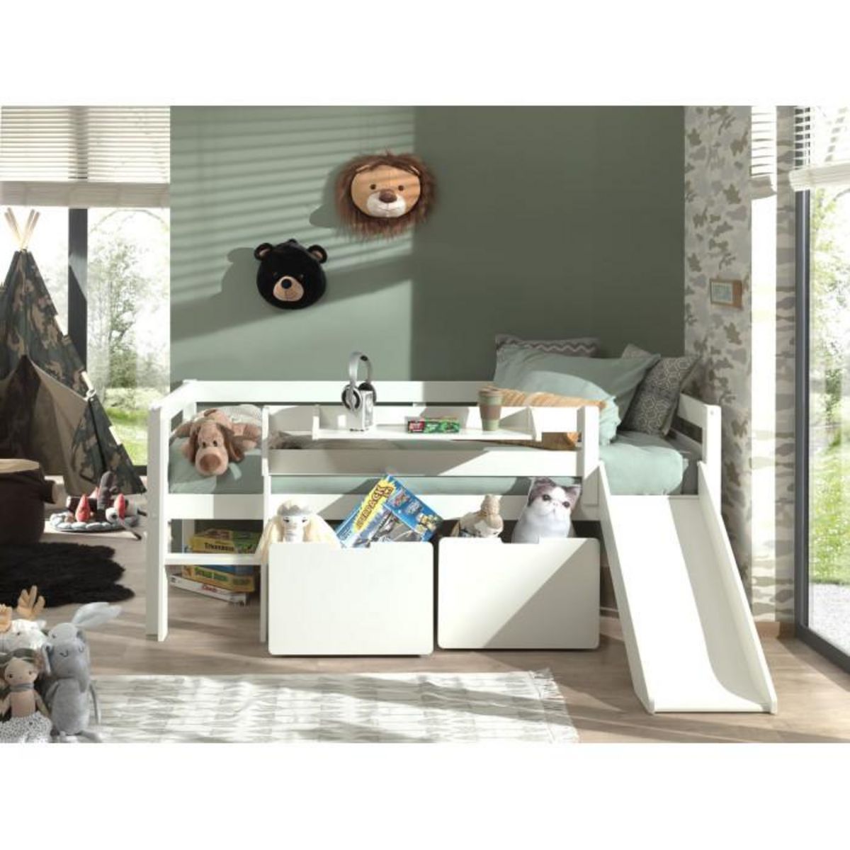 Paris Prix Pack - Lit Enfant Surélevé, 2 Tiroirs & Étagère  Pino  Blanc