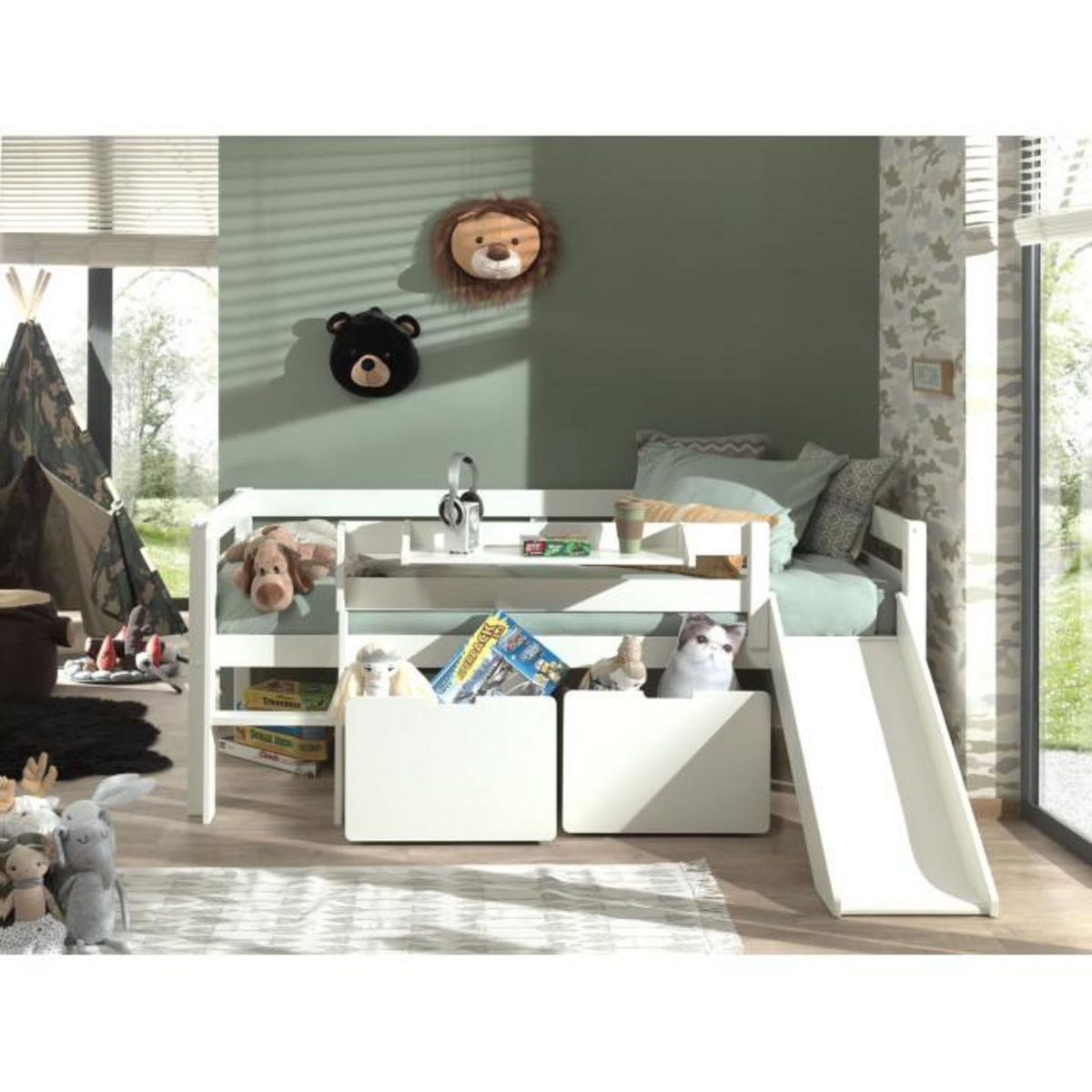 Paris Prix Pack - Lit Enfant Surélevé, 2 Tiroirs & Étagère  Pino  Blanc