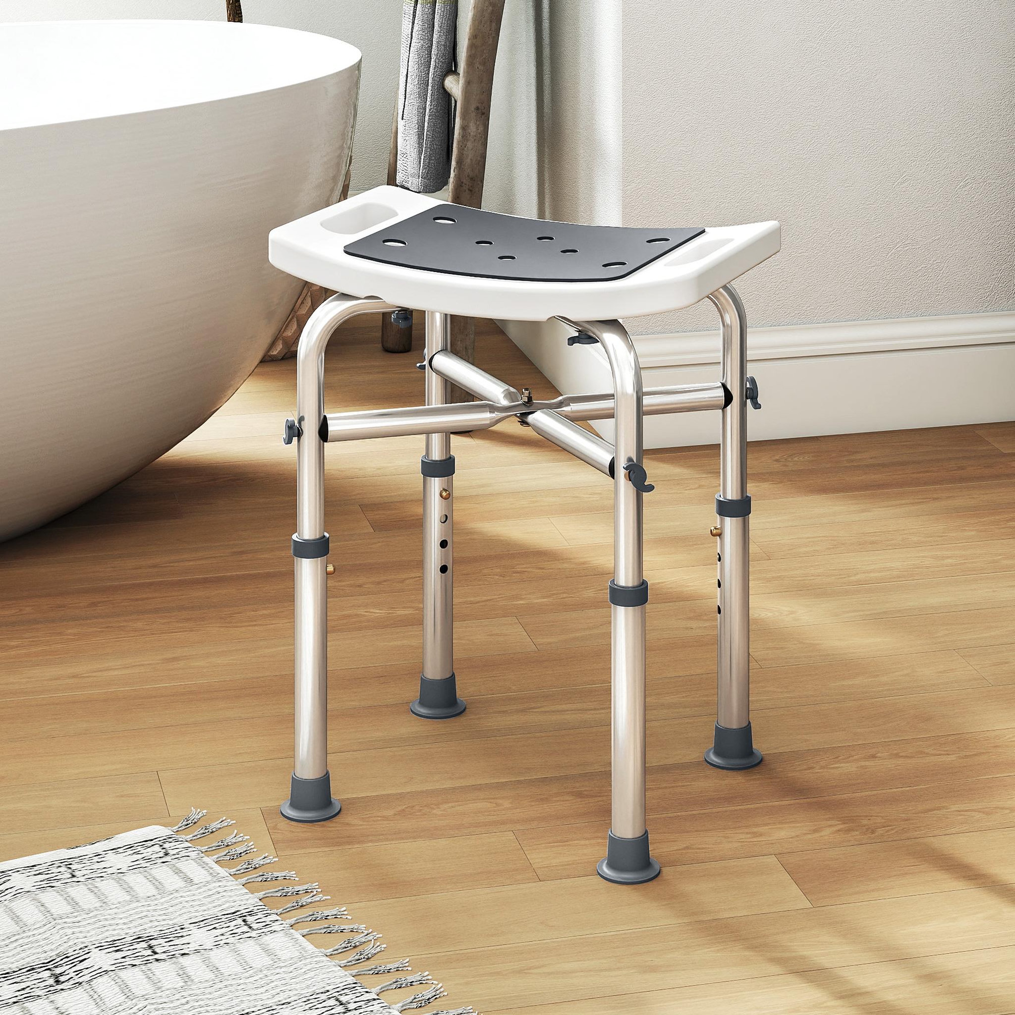 Voir la diapositive 4 : HOMCOM Siège de douche réglable en hauteur tabouret de douche ergonomique pieds antidérapants charge max. 150 kg alu hdpe blanc gris