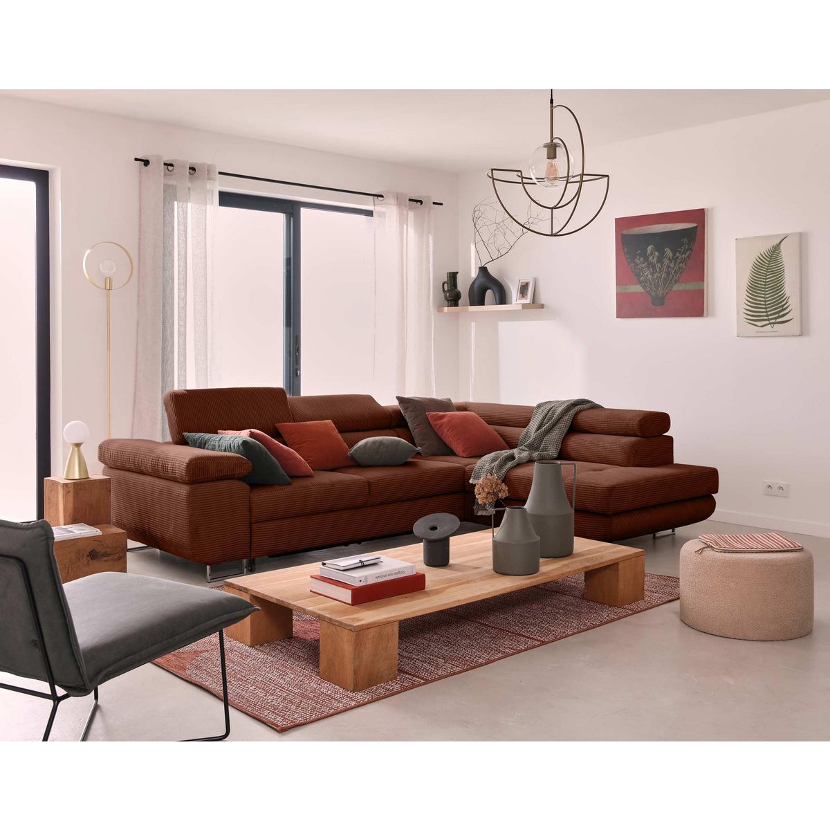 BEST MOBILIER Zaria - canapé d'angle droit - convertible avec coffre et têtières réglables - 5 places - en velours côtelé