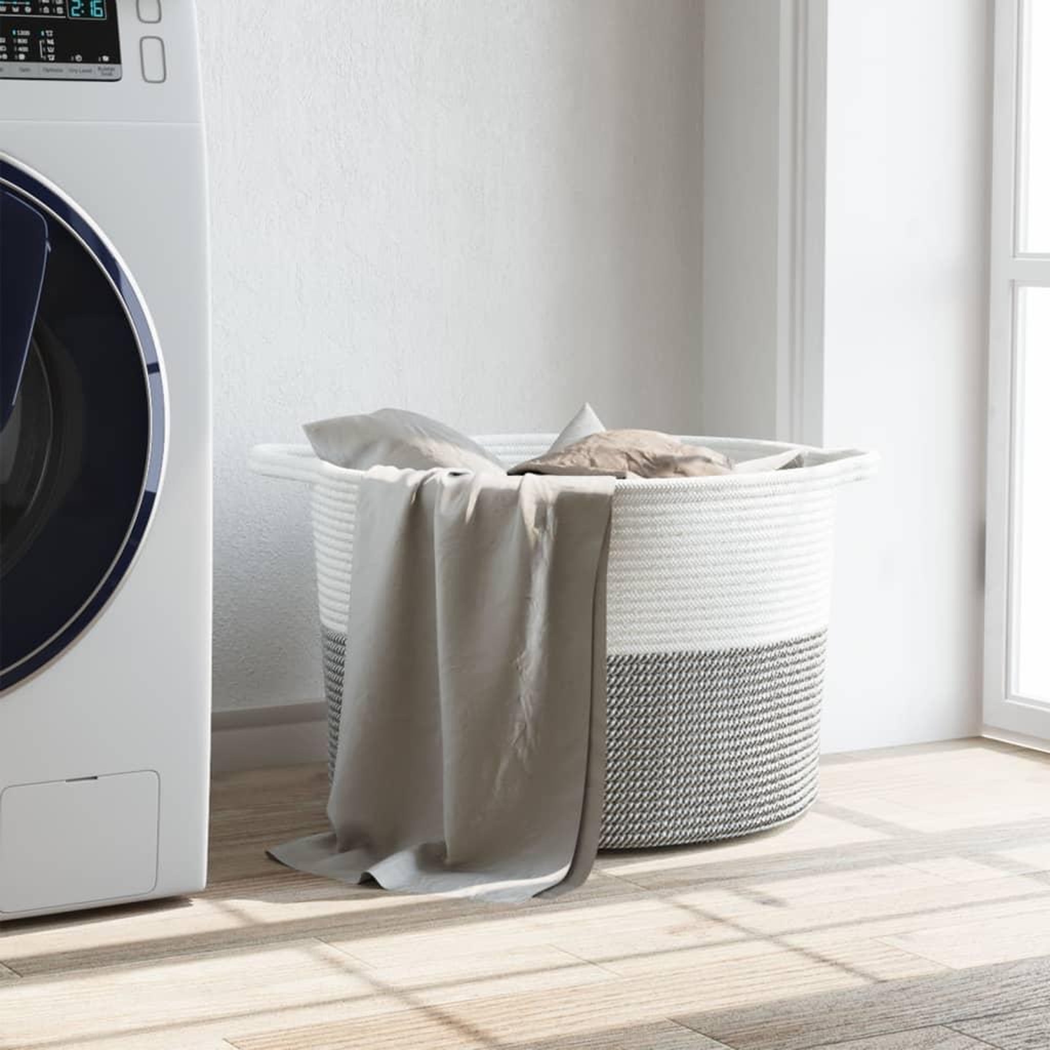 Voir la diapositive 3 : VIDAXL Panier a linge gris et blanc Ø55x36 cm coton