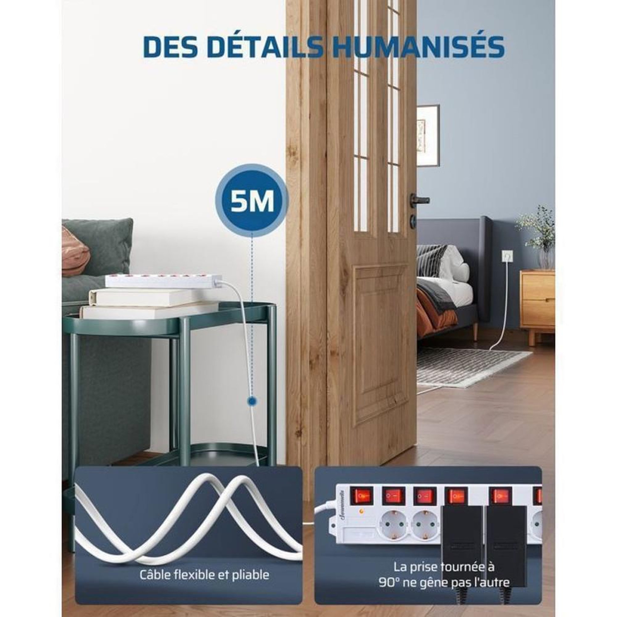Voir la diapositive 6 : Multiprise 6 prises 16A 3680W avec 7 interrupteurs bipolaires LED, câble 5 m, protection surtension et court-circuit, montage mural/bureau, blanche