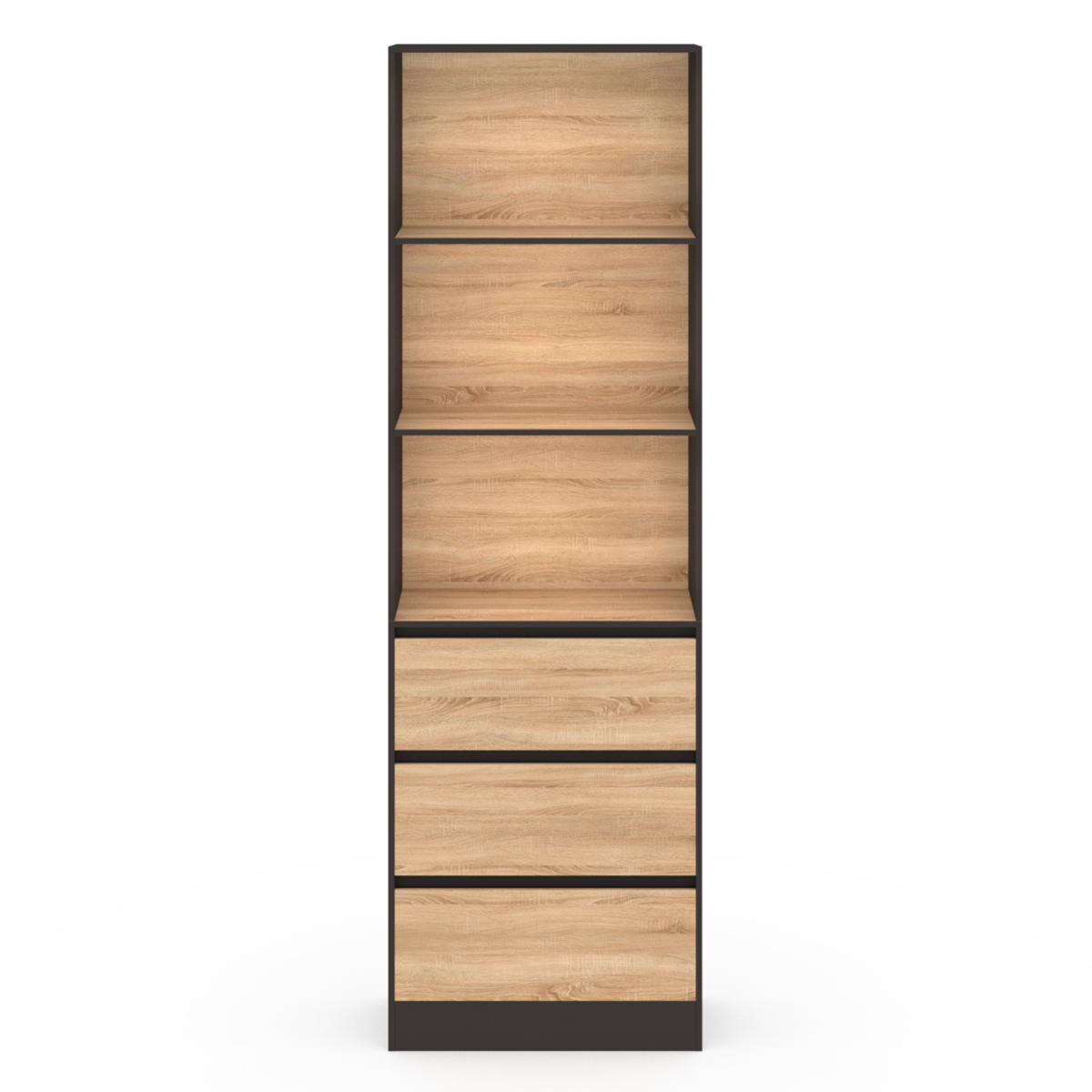 ID MARKET Etagère bibliothèque CARLA 3 niveaux 3 tiroirs noir et effet bois H.190 cm