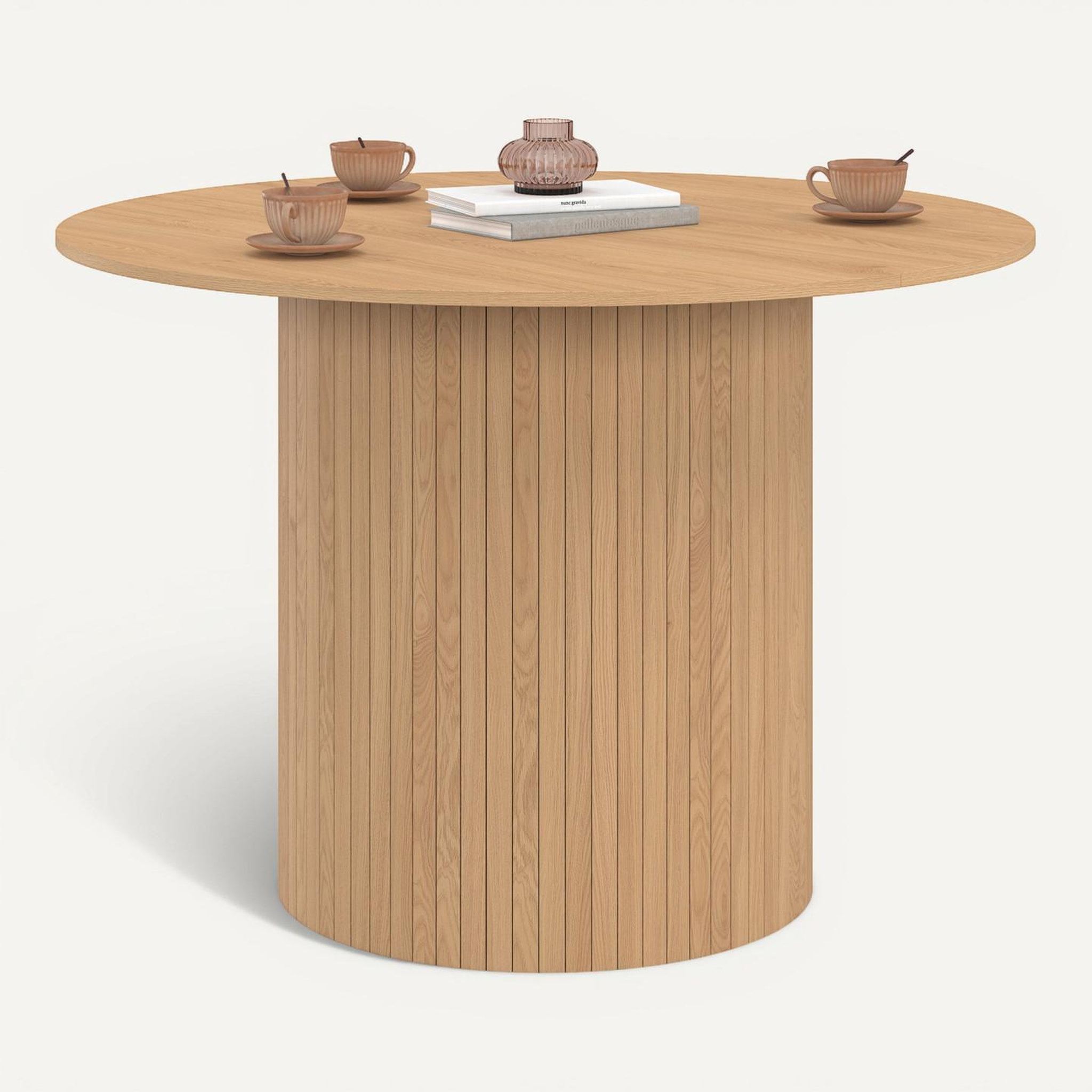 Voir la diapositive 6 : ID MARKET Table à manger ronde JULIETTE 6 personnes pied central effet lattes 110 cm