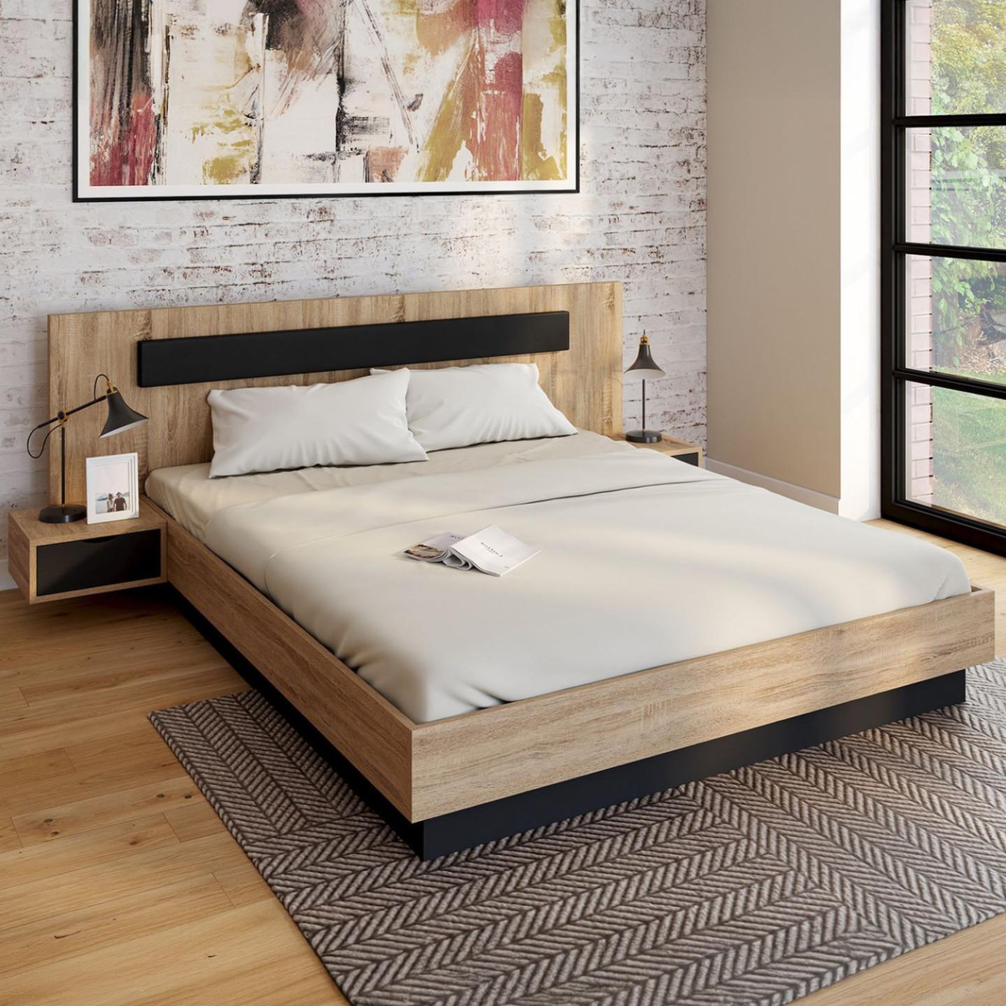 Voir la diapositive 5 : ID MARKET Lit coffre double santa avec tête de lit + tables de chevet intégrées et sommier 160 x 200 cm bois et noir