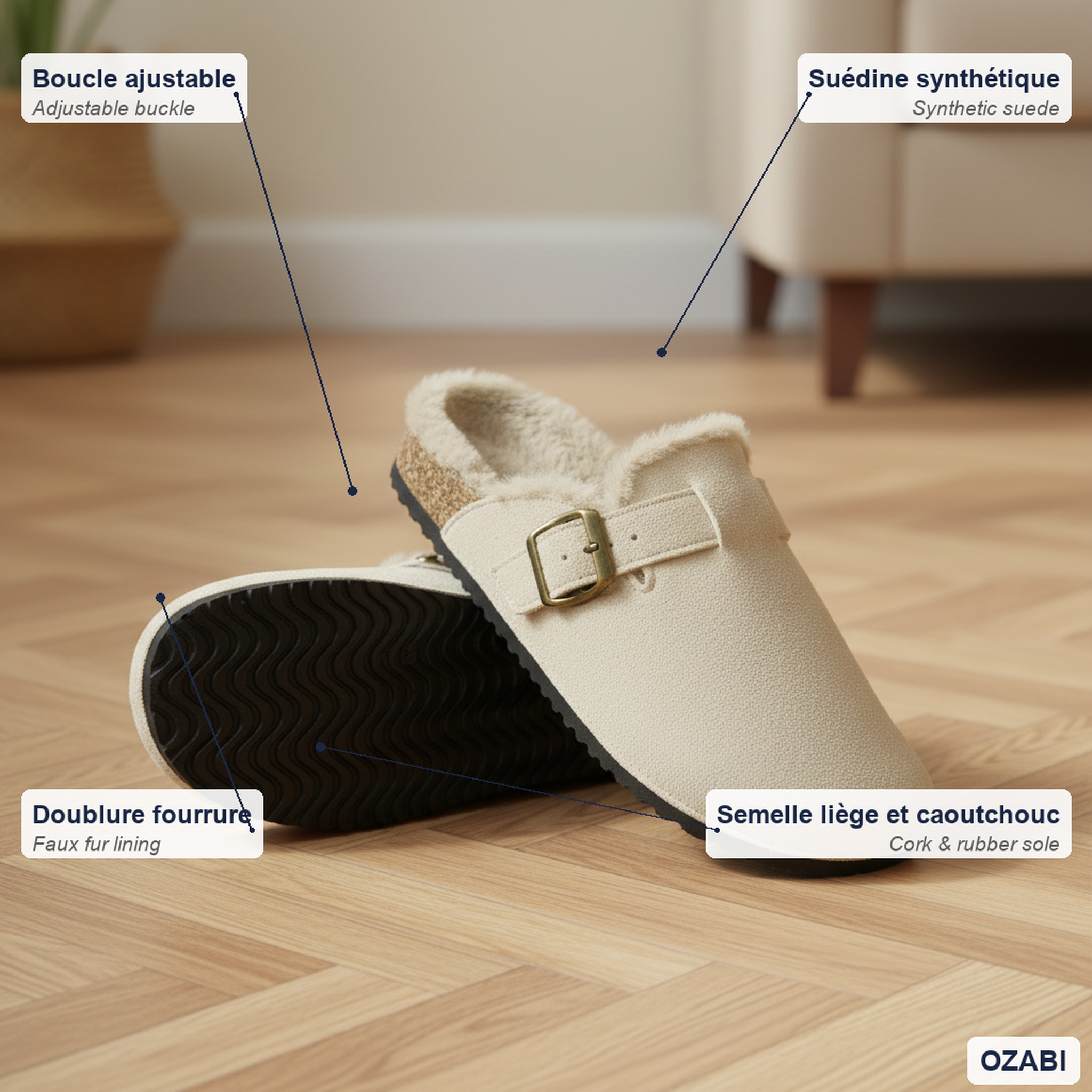 Voir la diapositive 4 : OZABI Ozabi sabots mules femme fourrées suédine boucle ajustable