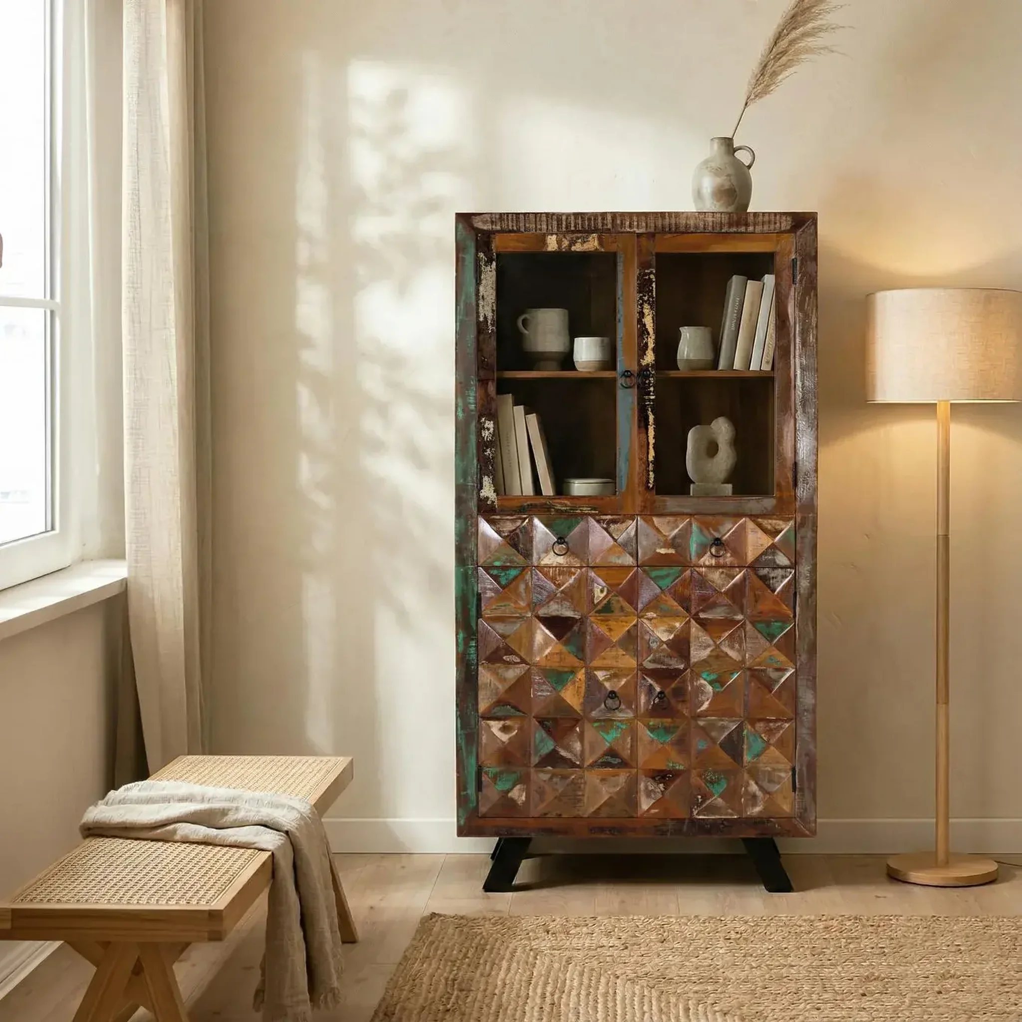 Voir la diapositive 2 : GINER Y COLOMER SL Vitrine en bois recyclé 90 cm style industriel moderne