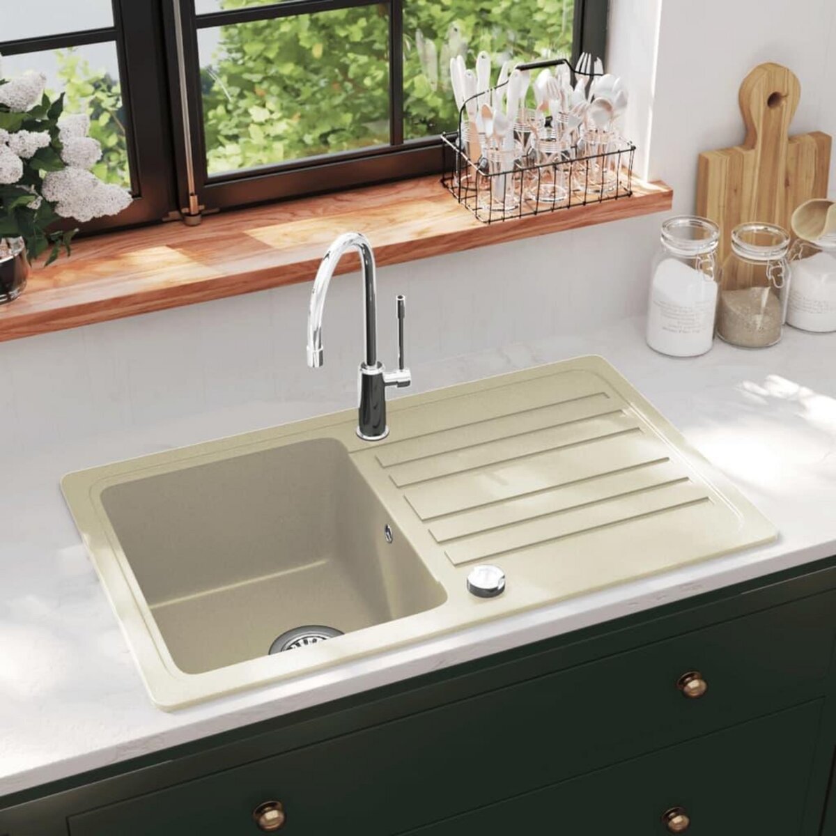 VIDAXL Evier de cuisine Granit Seul lavabo Beige