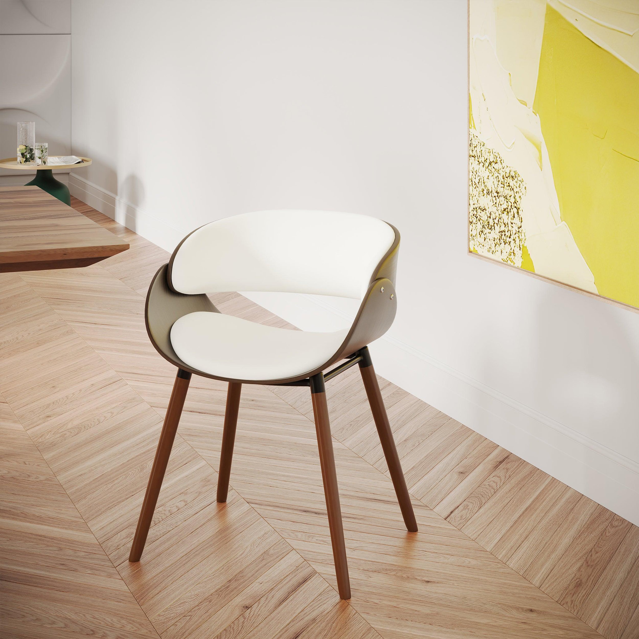 Voir la diapositive 2 : MAISON PAVANE Chaise en cuir synthétique blanc et bois plaqué noyer-polo