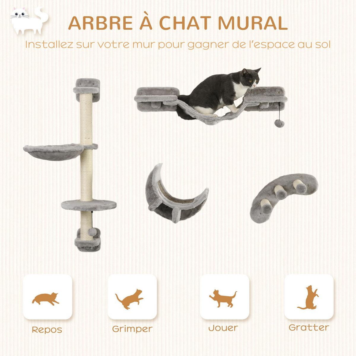 PAWHUT Mur d'escalade pour chat avec hamac passerelle planche à gratter et balles peluche sisal gris