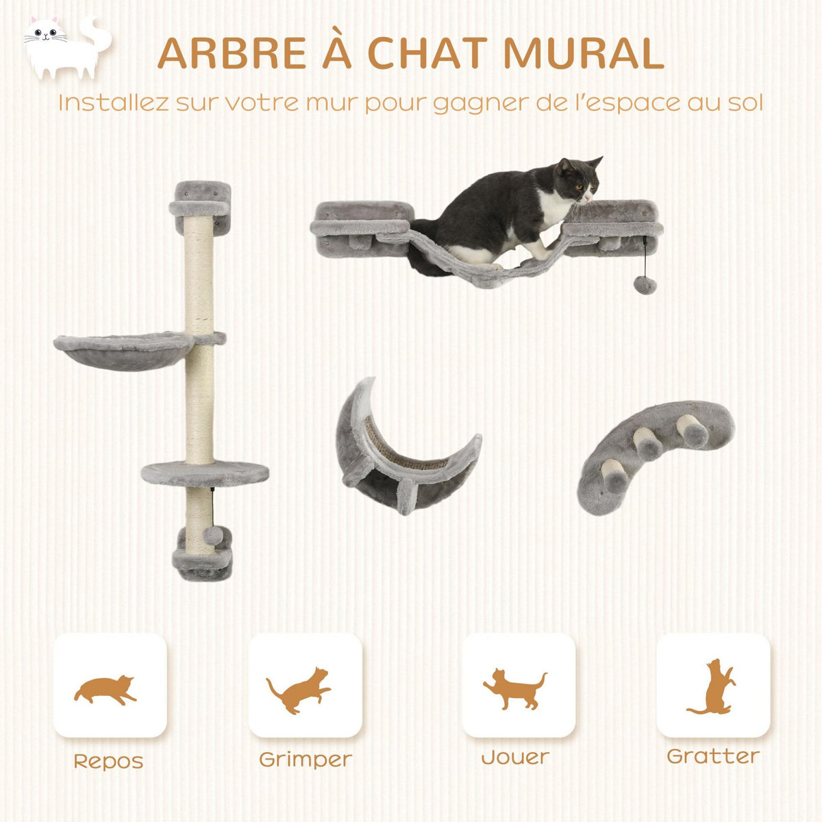 PAWHUT Mur d'escalade pour chat avec hamac passerelle planche à gratter et balles peluche sisal gris