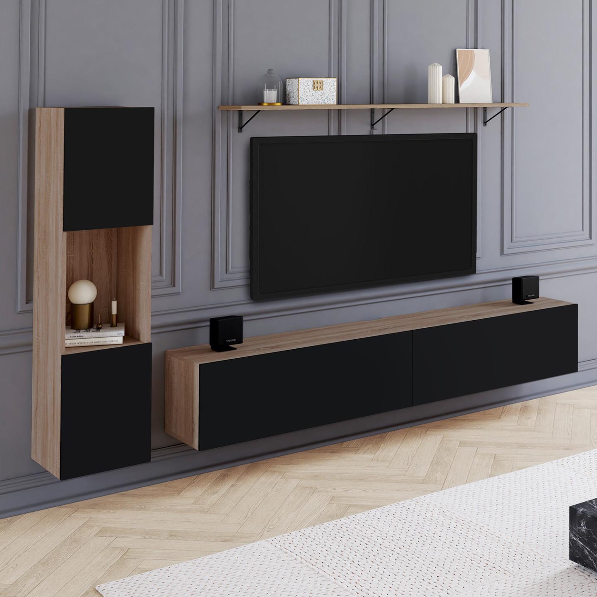 Voir la diapositive 2 : ID MARKET Ensemble meuble tv 180 cm avec colonne et étagère elio bois et noir