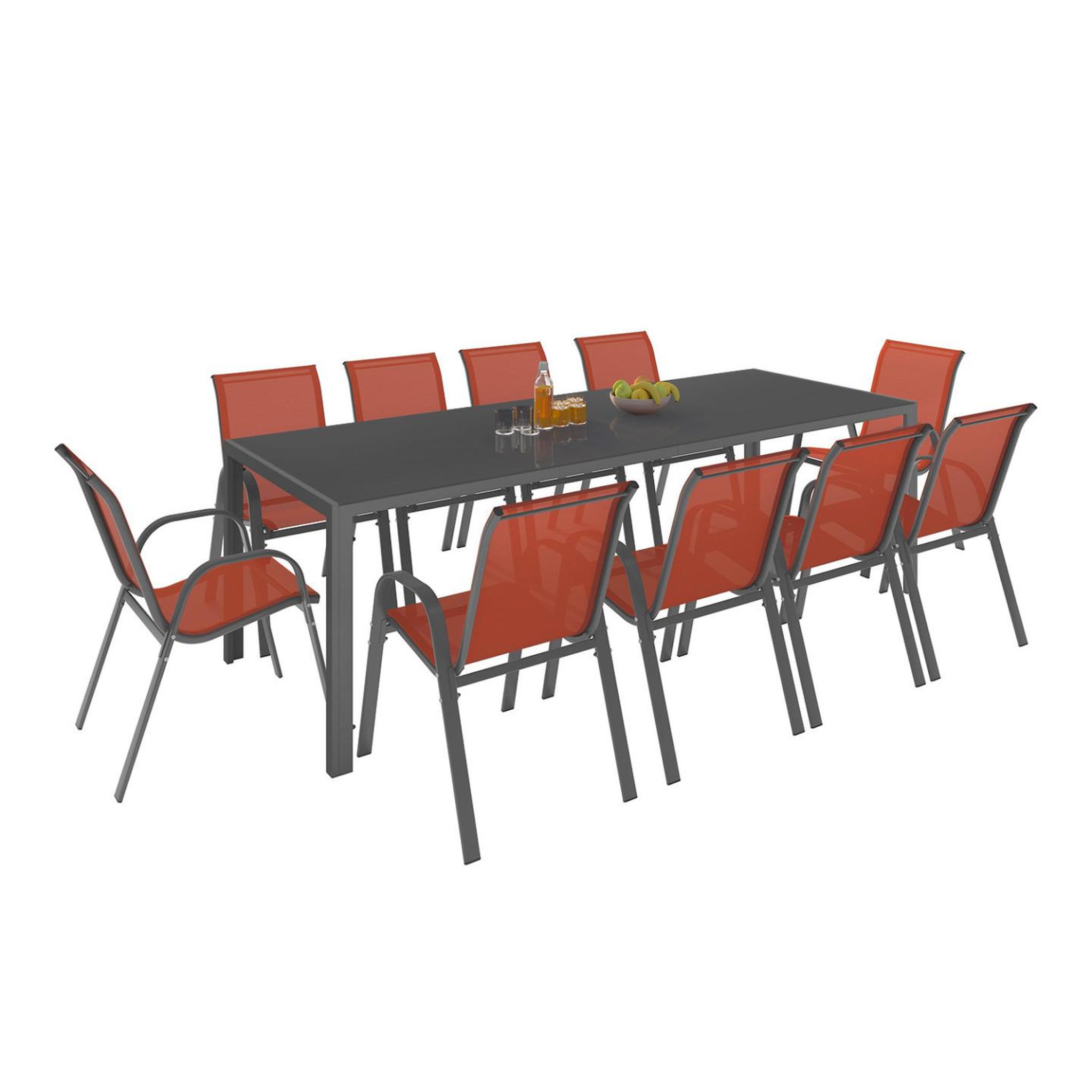 ID MARKET Salon de jardin madrid table 240 cm et 10 chaises empilables terracotta et gris
