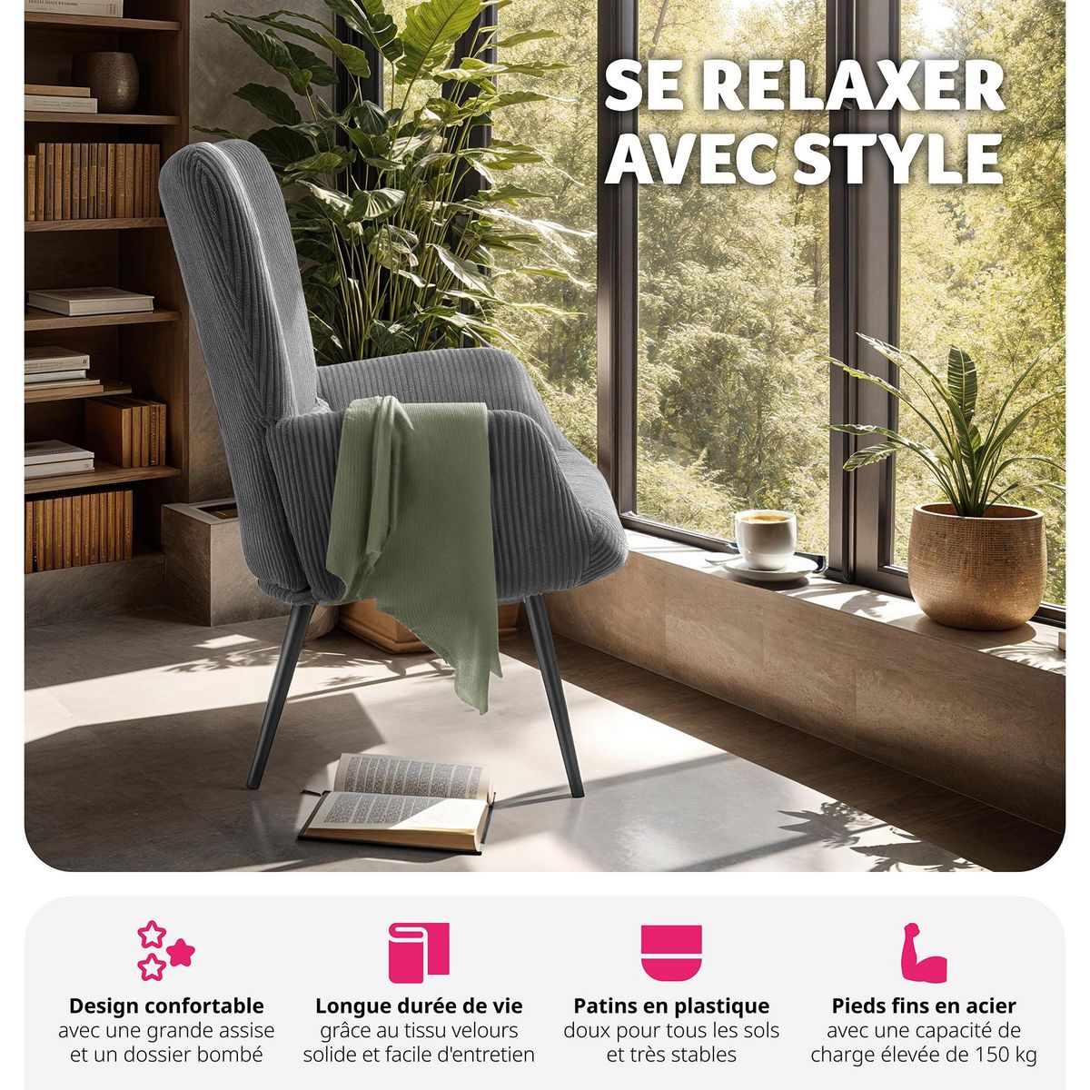 tectake Fauteuil rembourré Velours côtelé large anthracite/noir