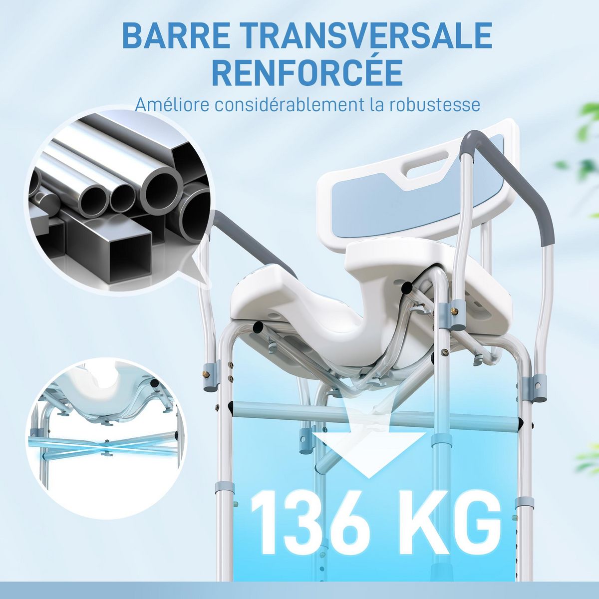 HOMCOM Tabouret de douche avec siège rembourrée et accoudoirs, chaise de douche, tabouret de bain, hauteur réglable 83-91,5 cm, cadre en aluminium et pieds antidérapants, bleu