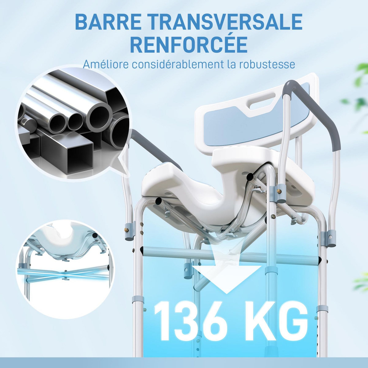 HOMCOM Tabouret de douche avec siège rembourrée et accoudoirs, chaise de douche, tabouret de bain, hauteur réglable 83-91,5 cm, cadre en aluminium et pieds antidérapants, bleu