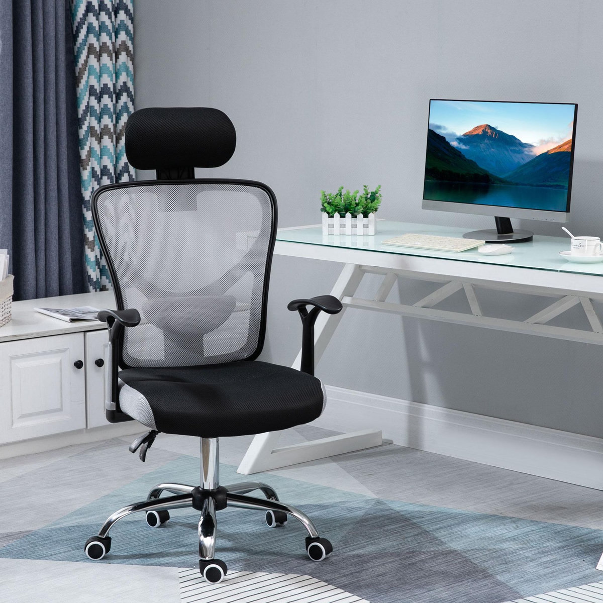 VINSETTO Vinsetto Chaise de bureau manager grand confort réglable dossier inclinable piètement chromé tissu maille polyester gris noir