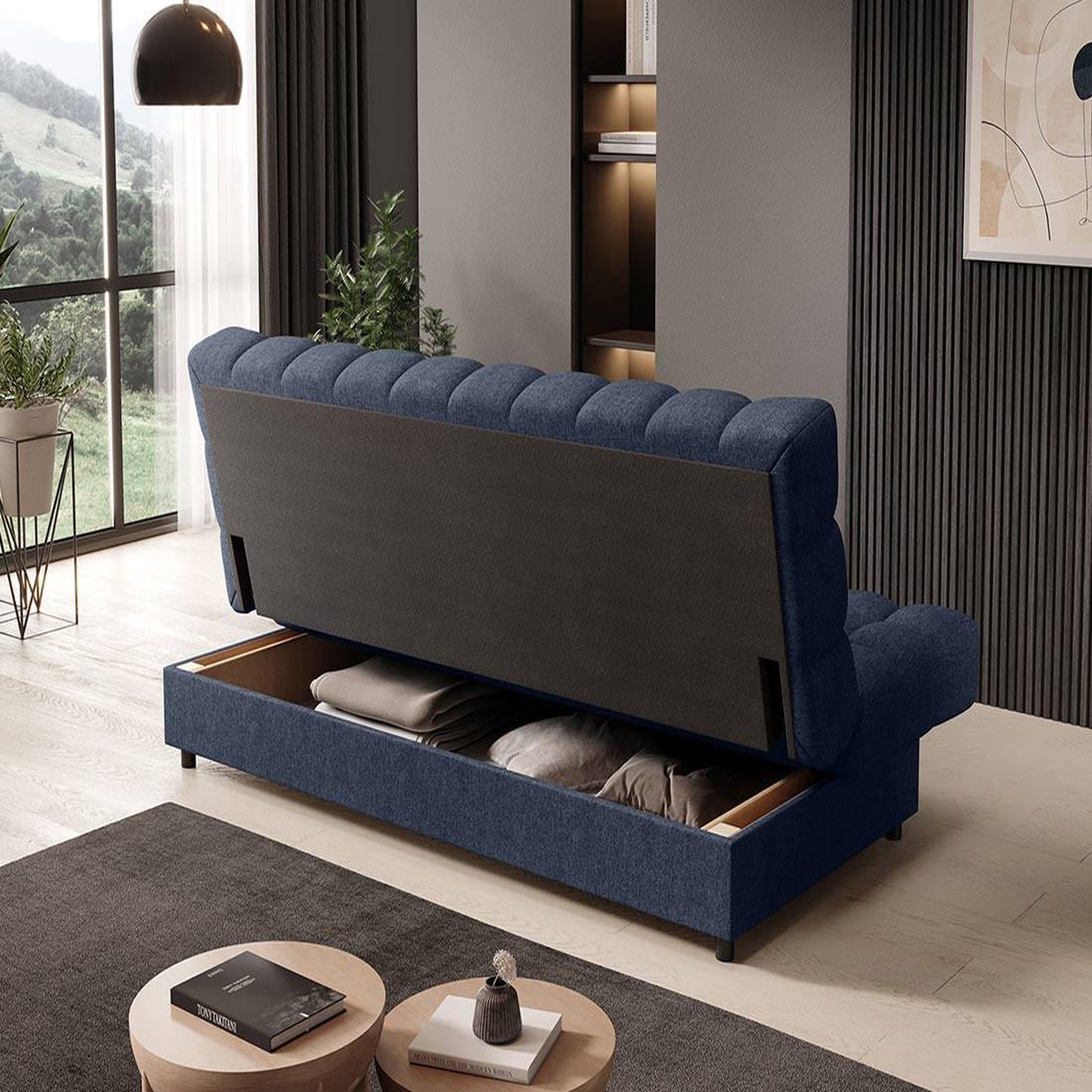 Voir la diapositive 3 : BEST MOBILIER Ezra - canapé convertible clic-clac 3 places avec coffre en tissu texturé