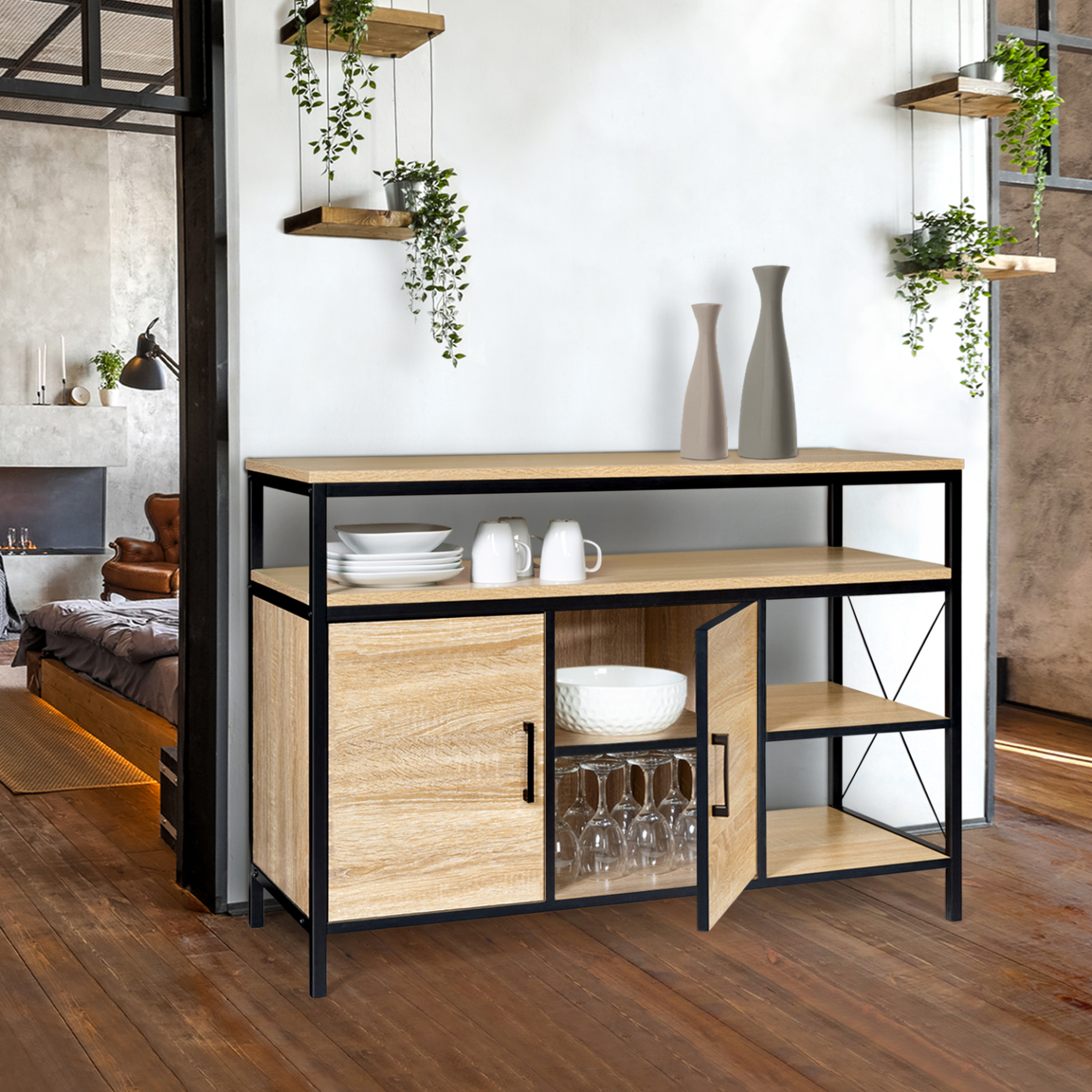 Voir la diapositive 3 : ID MARKET Buffet bas 100 cm 2 portes detroit design industriel