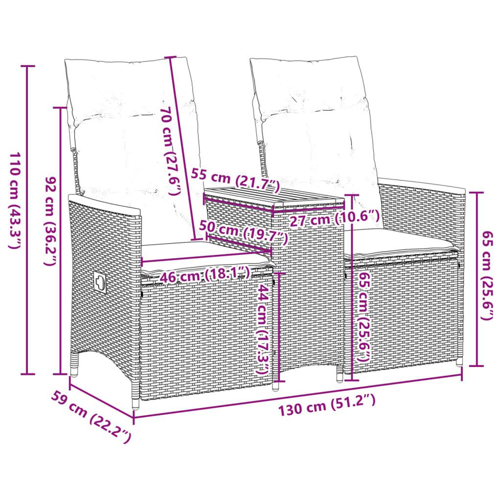 Voir la diapositive 6 : VIDAXL Canape de jardin inclinable 2 places avec table noir poly rotin