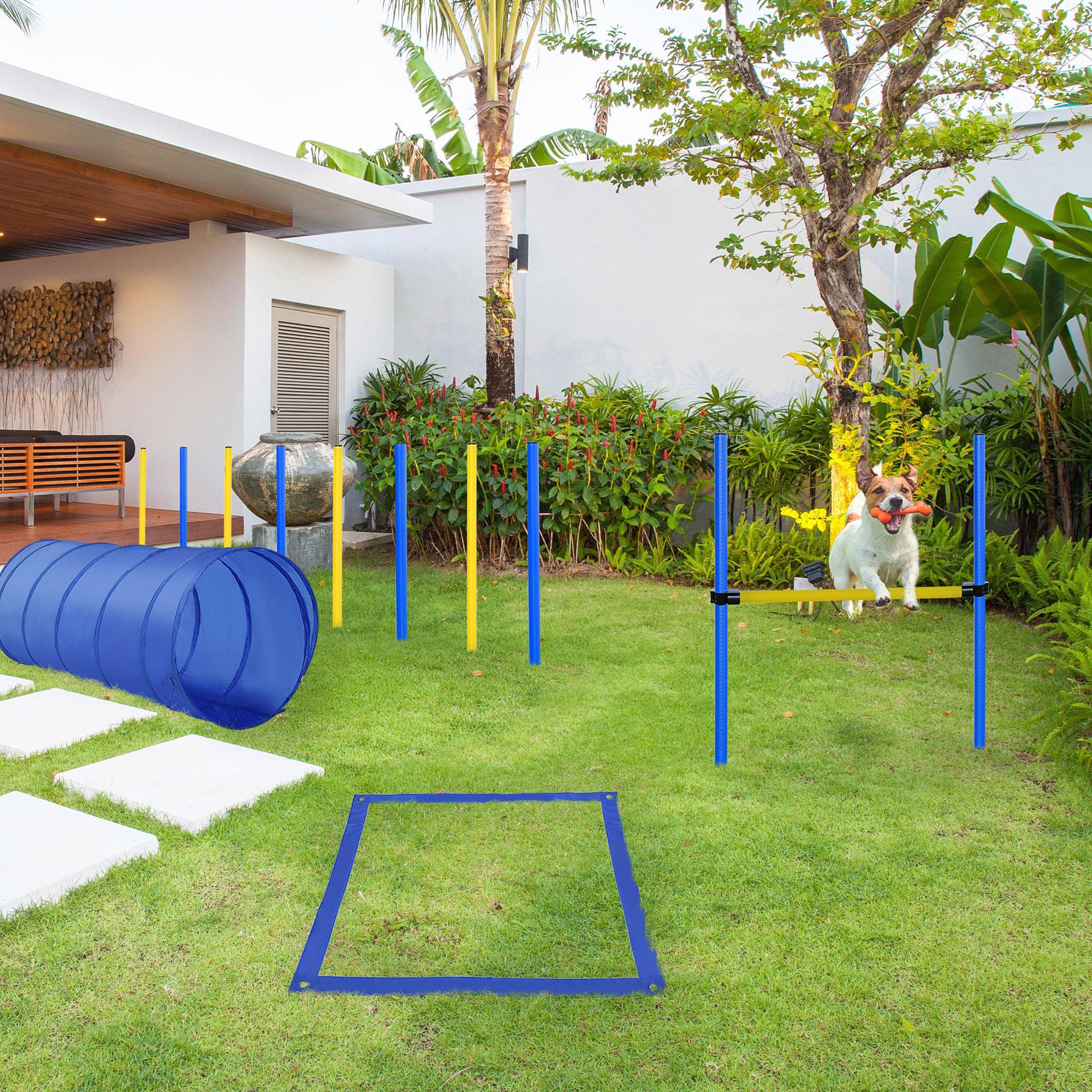 Voir la diapositive 2 : PAWHUT Agility sport pour chiens équipement complet obstacle, tunnel, slalom, zone repos + sac de transport bleu jaune