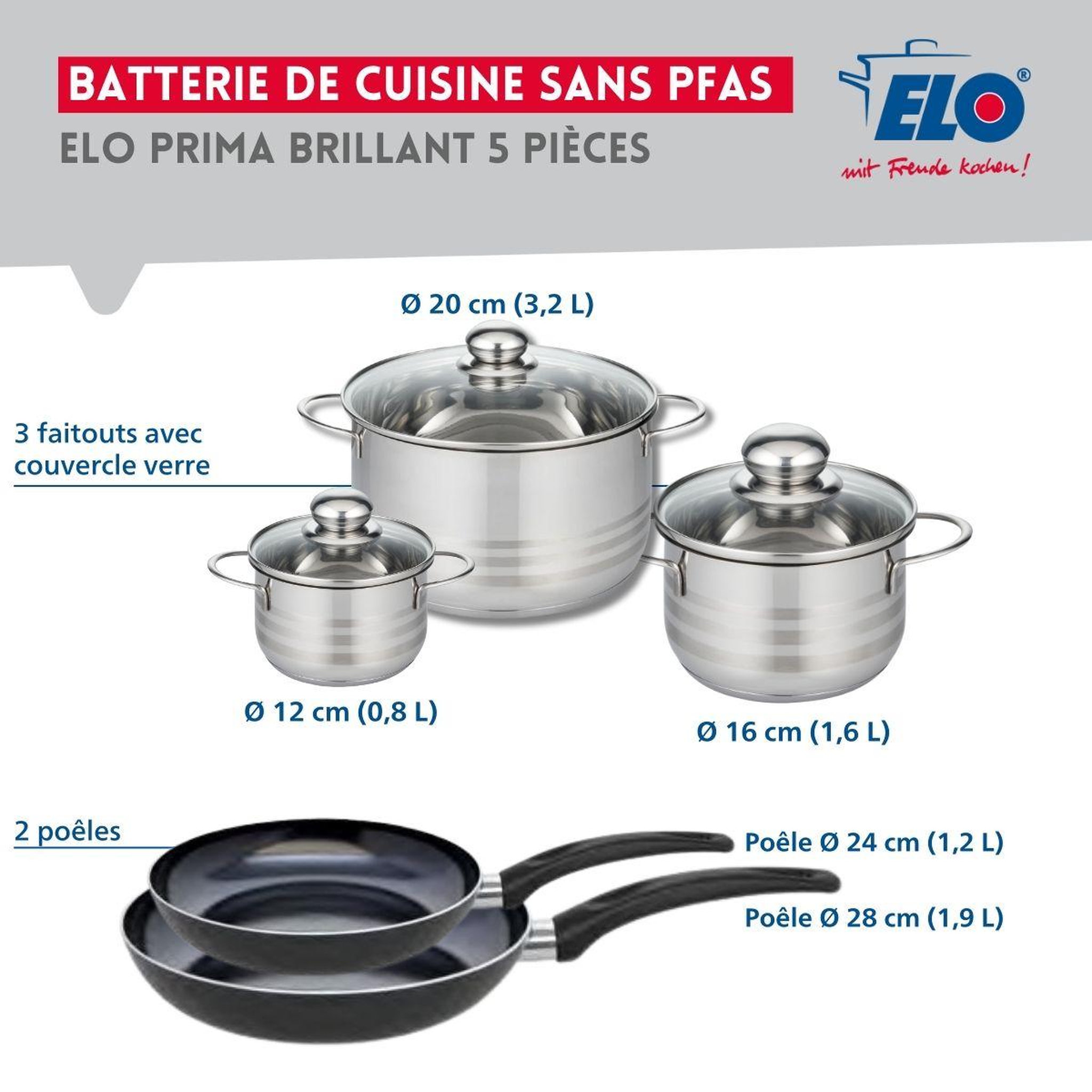 Voir la diapositive 2 : ELO Ensemble de 2 poêles de cuisson 24 et 28 cm et 3 faitouts 12, 16 et 20 cm elo prima brillant