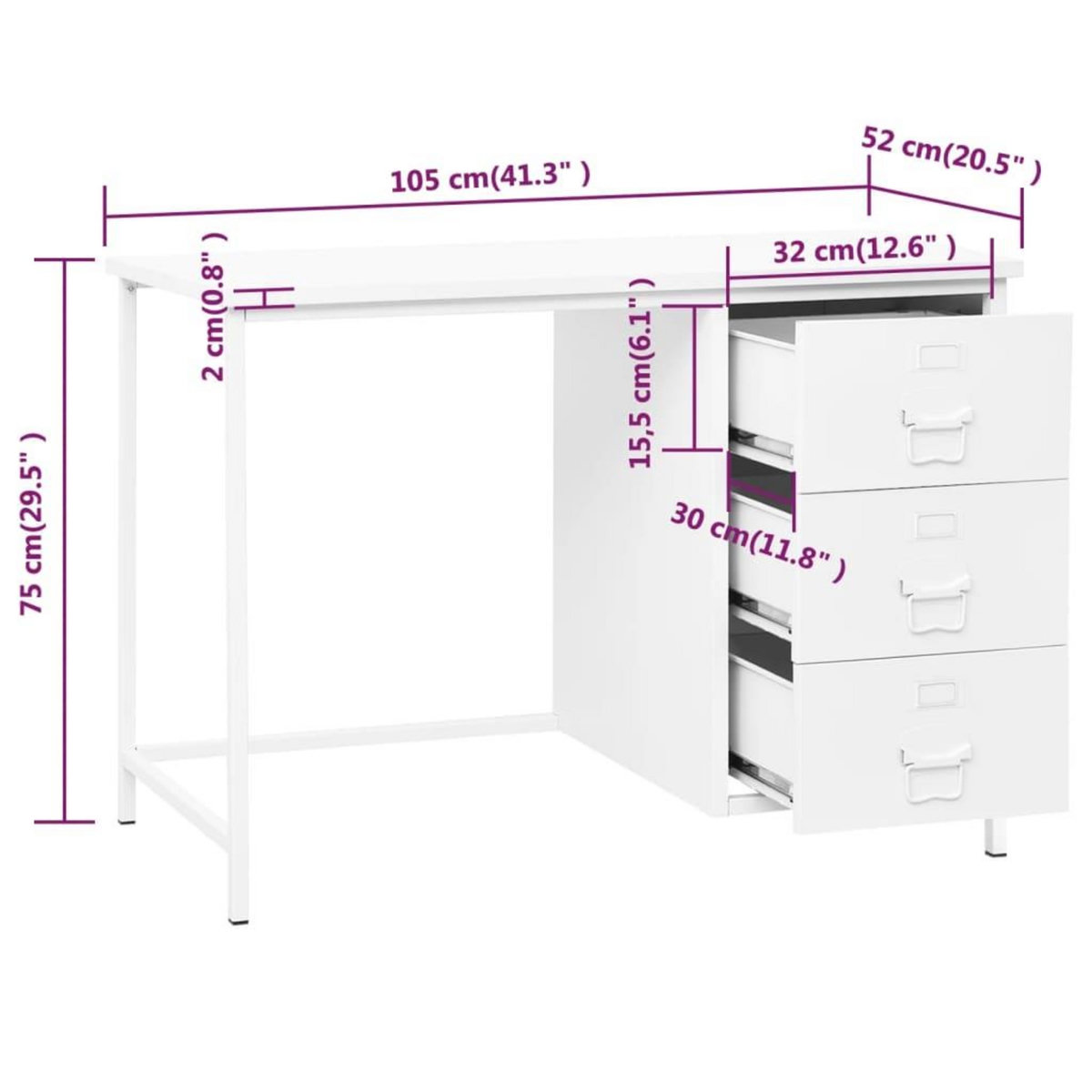 VIDAXL Bureau industriel avec tiroirs Blanc 105x52x75 cm Acier