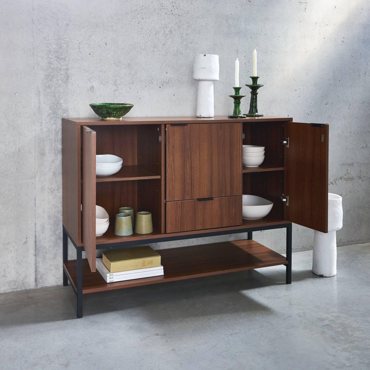 SWEEEK Buffet bas en décor noyer et pieds et poignées en métal noir L110cm - buffet haut. vaisselier. 3 portes. 1 tiroir et 3 étagères