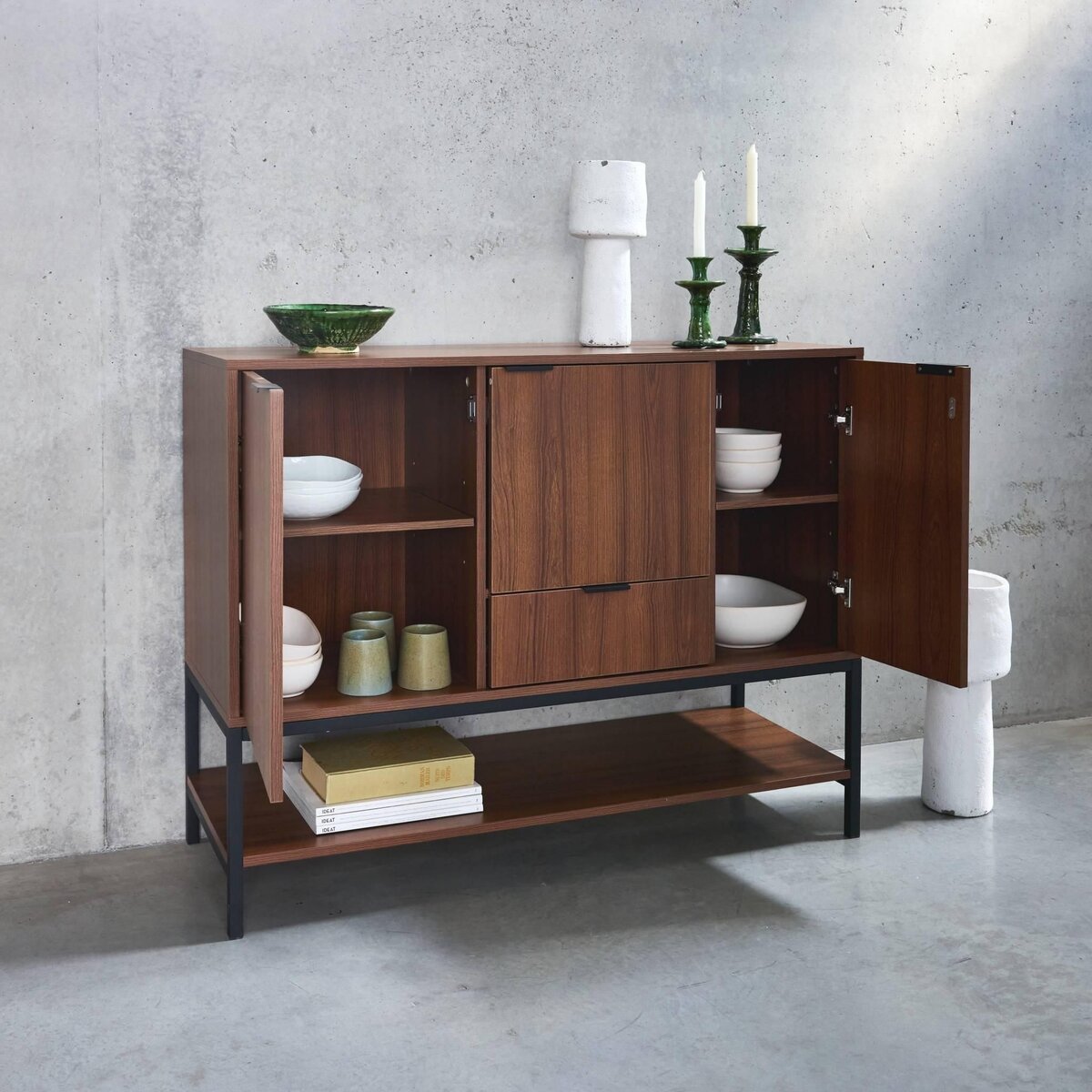 SWEEEK Buffet bas en décor noyer et pieds et poignées en métal noir L110cm - buffet haut. vaisselier. 3 portes. 1 tiroir et 3 étagères