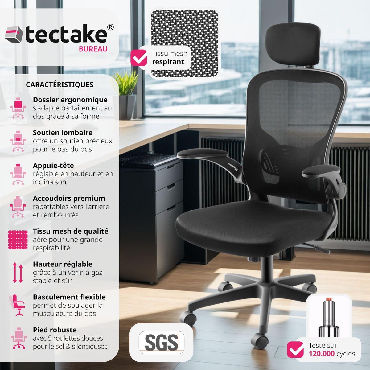 tectake Fauteuil de bureau forme ergonomique avec soutien lombaire et appuie-tête réglables noir