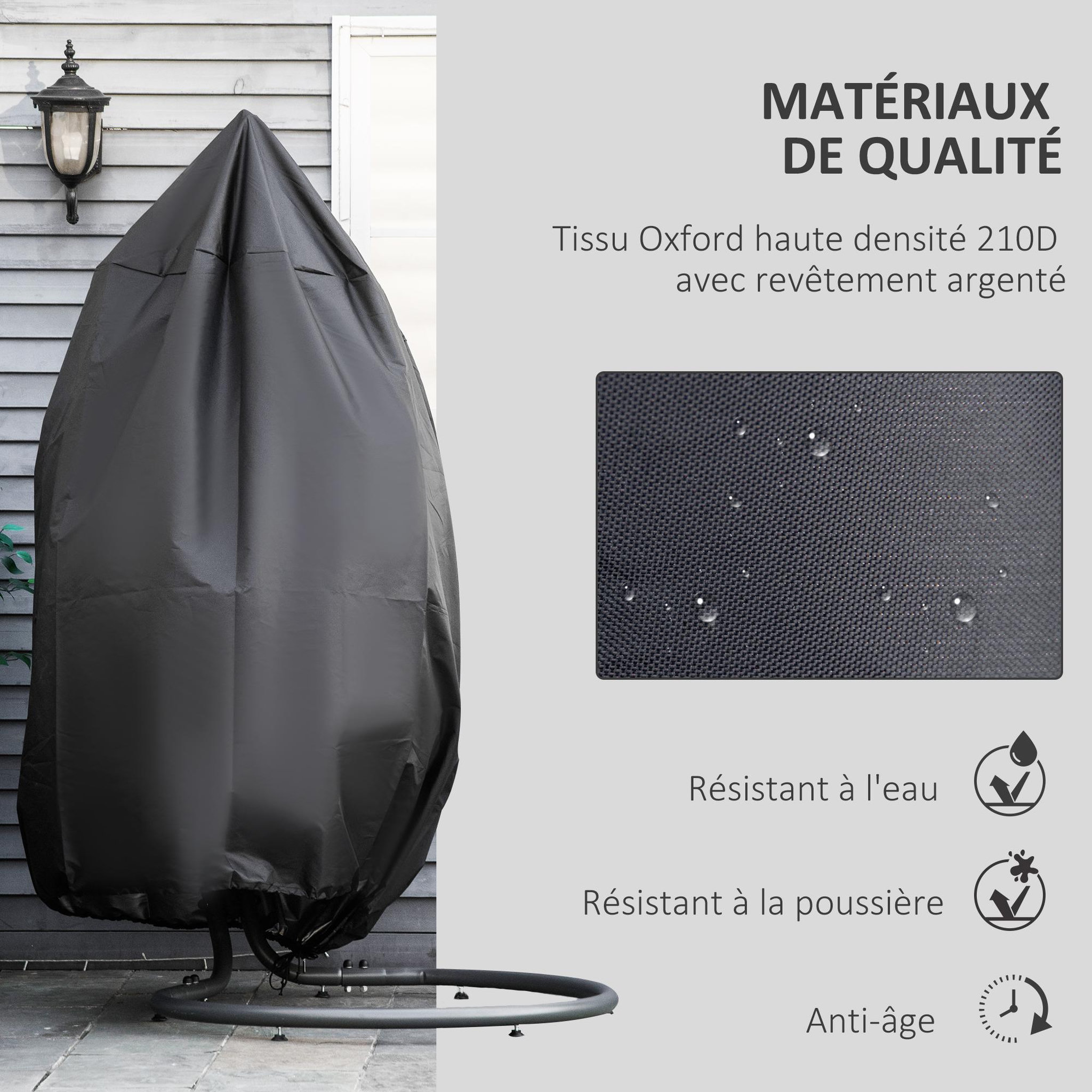 Voir la diapositive 4 : OUTSUNNY Housse fauteuil suspendu zippée cordon de serrage - dia. 115 x 190h cm - oxford 210d noir