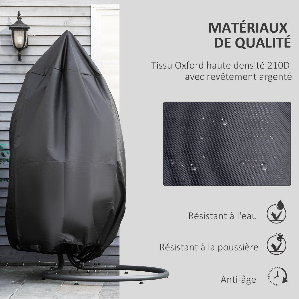 OUTSUNNY Housse fauteuil suspendu zippée cordon de serrage - dia. 115 x 190H cm - Oxford 210D noir