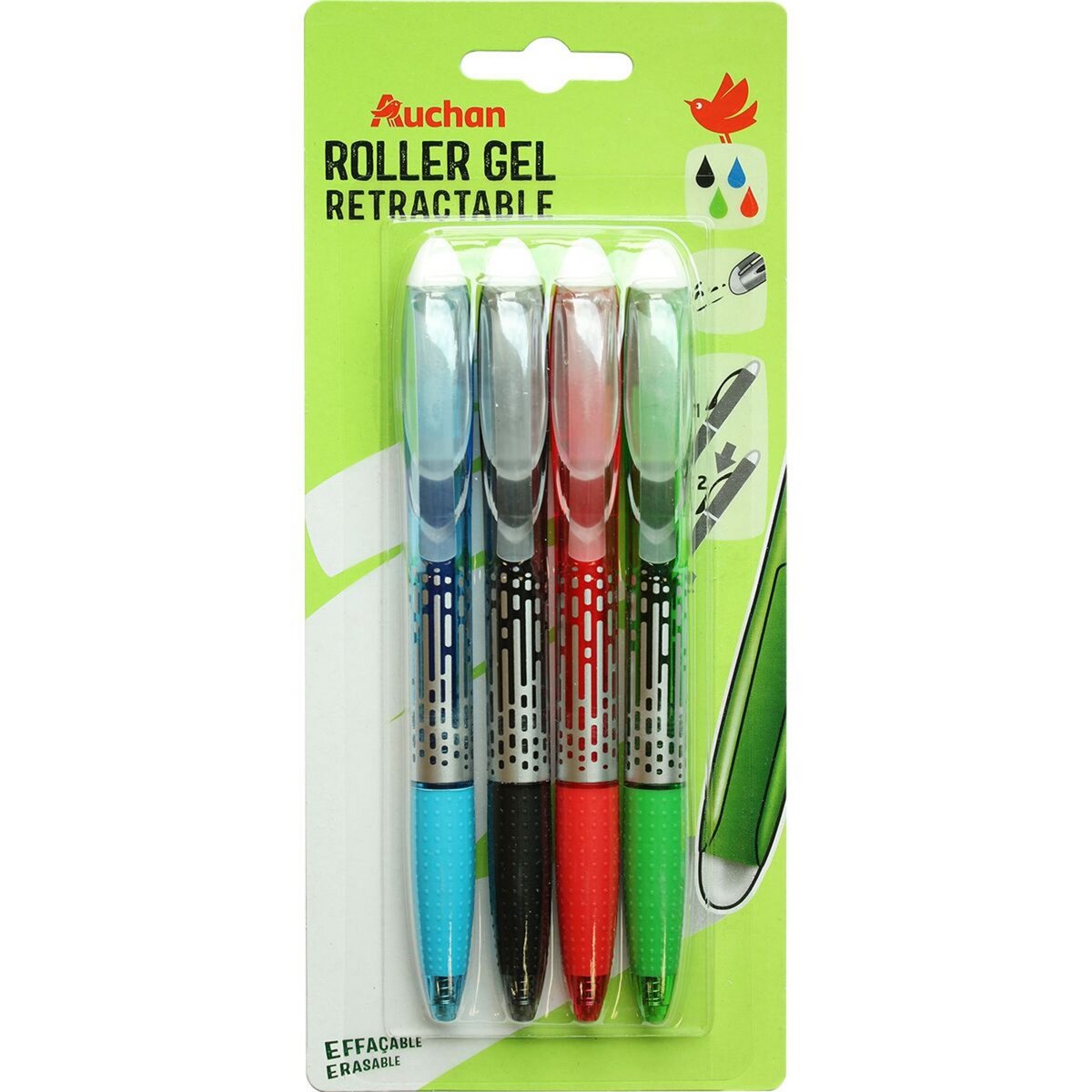 AUCHAN Lot de 4 stylos roller gel effaçables rétractables coloris assortis
