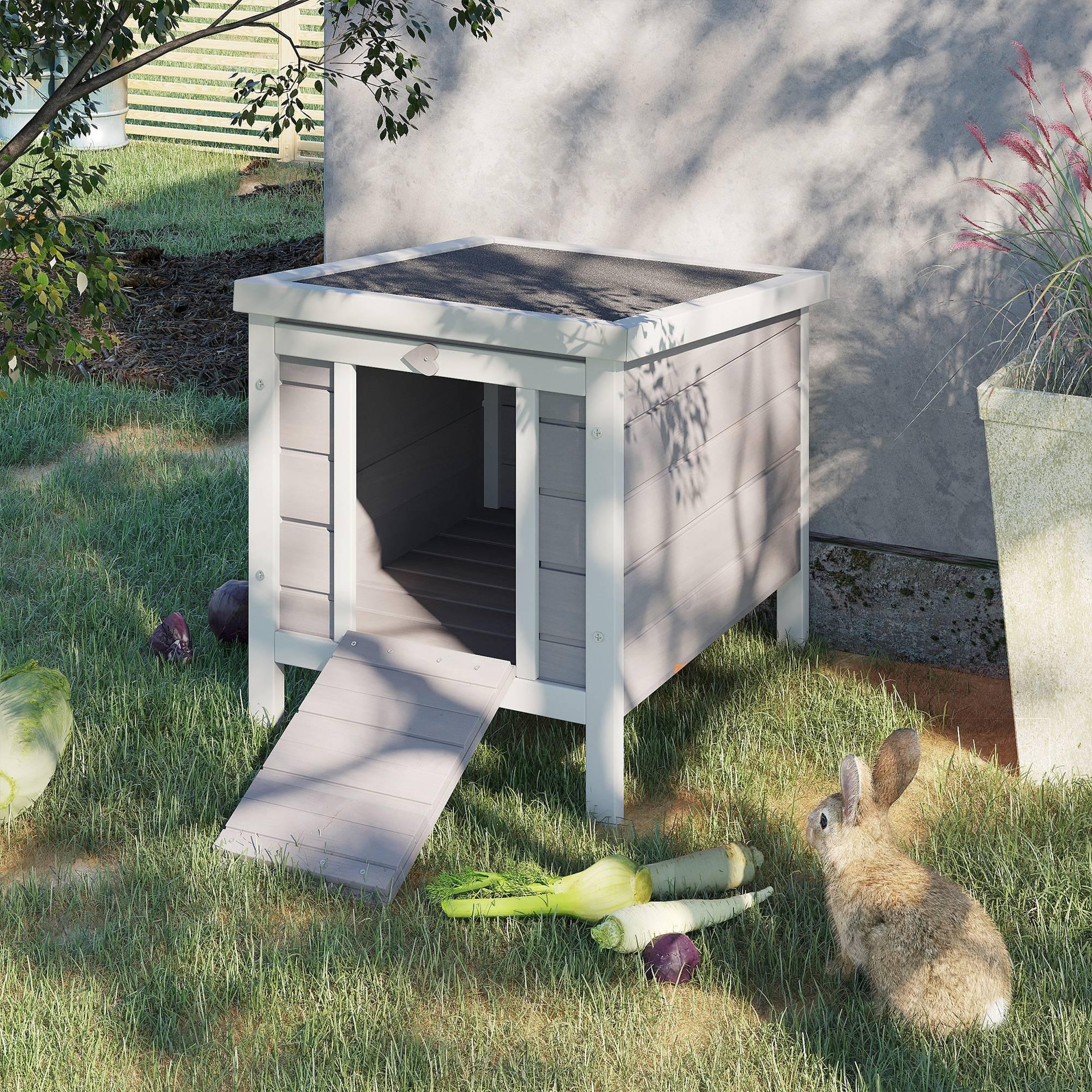 Voir la diapositive 4 : PAWHUT Clapier lapin niche sur pied - rampe porte verrouillable, toit ouvrant bitumé incliné - bois gris blanc