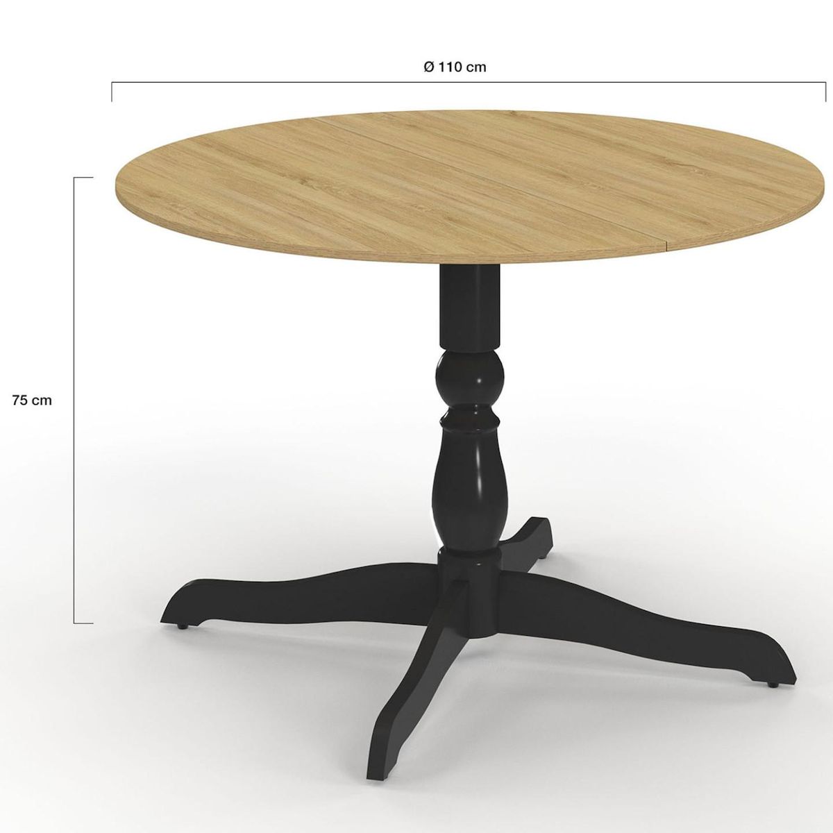 ID MARKET Table à manger ronde MARIE 4-6 personnes bois façon hêtre et noir 110 cm