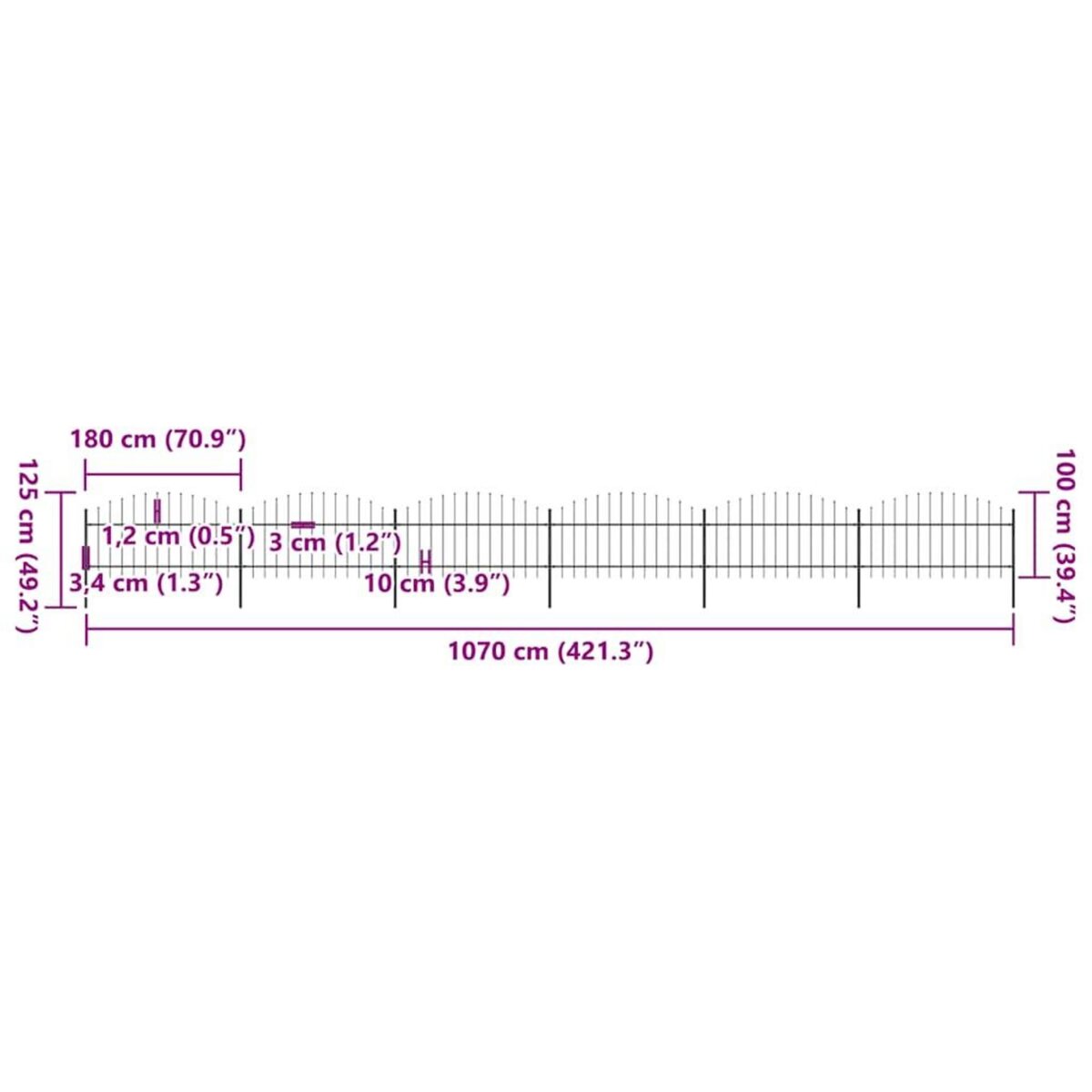 VIDAXL Cloture de jardin avec dessus en forme de lance en acier 1070 x 125 cm Noir