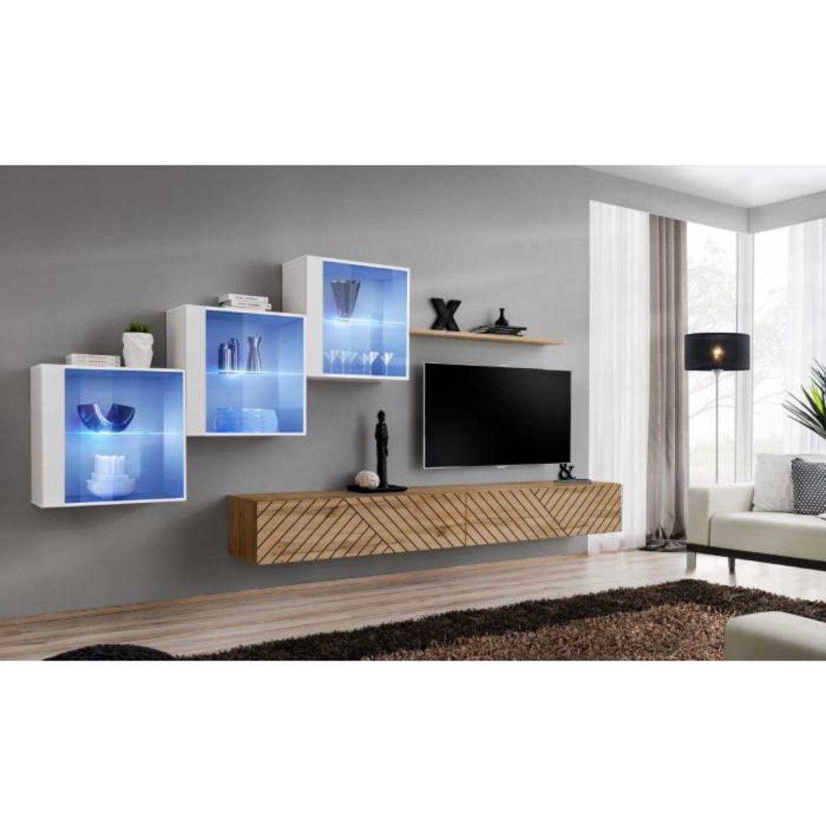 Paris Prix Ensemble Meuble TV  Switch Lamel XX  330cm Naturel & Blanc