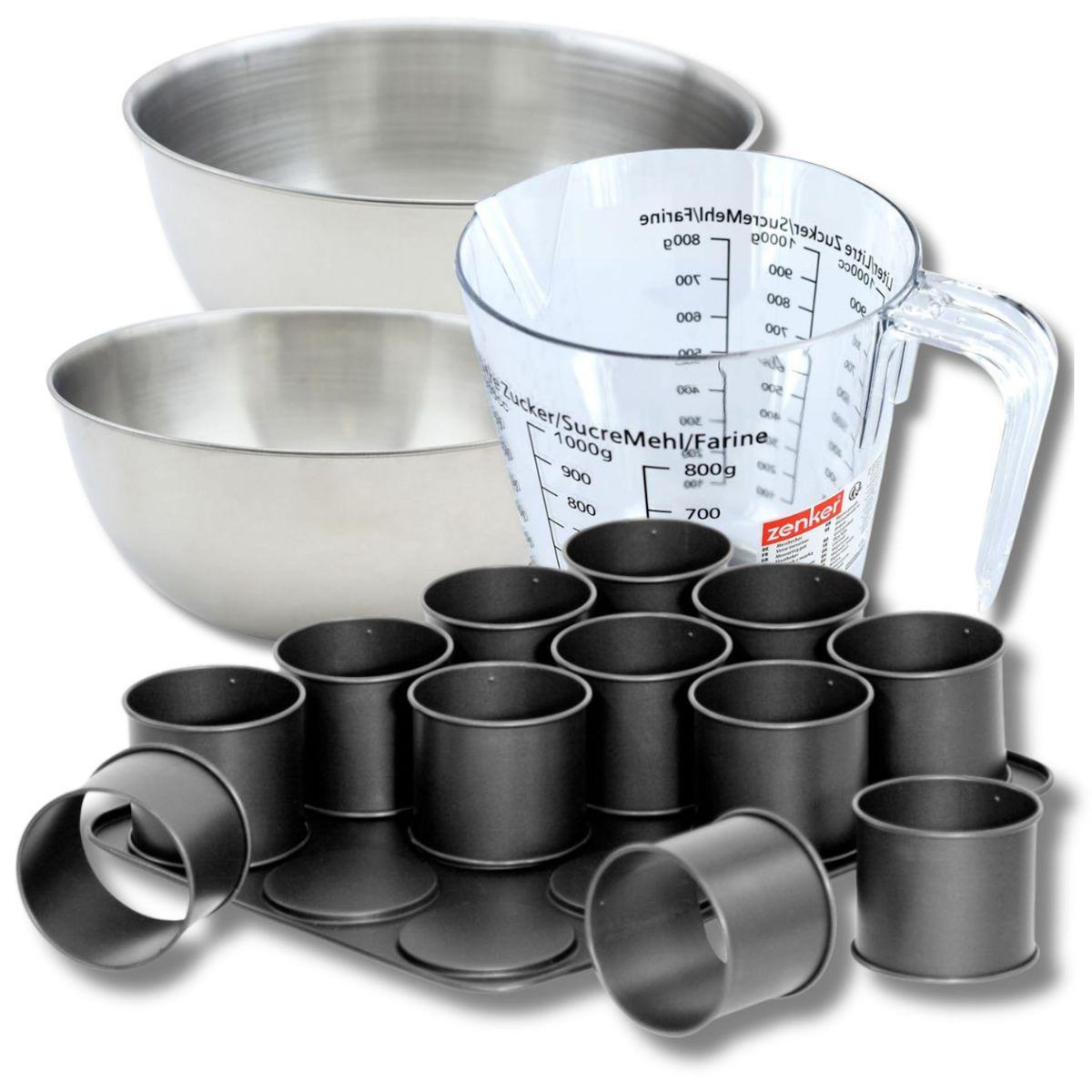 ZENKER Set pâtisserie avec plaque à 12 mini moules ronds 38 x 30 cm en acier, 2 bols à mixer, verre mesureur et spatule Zenker