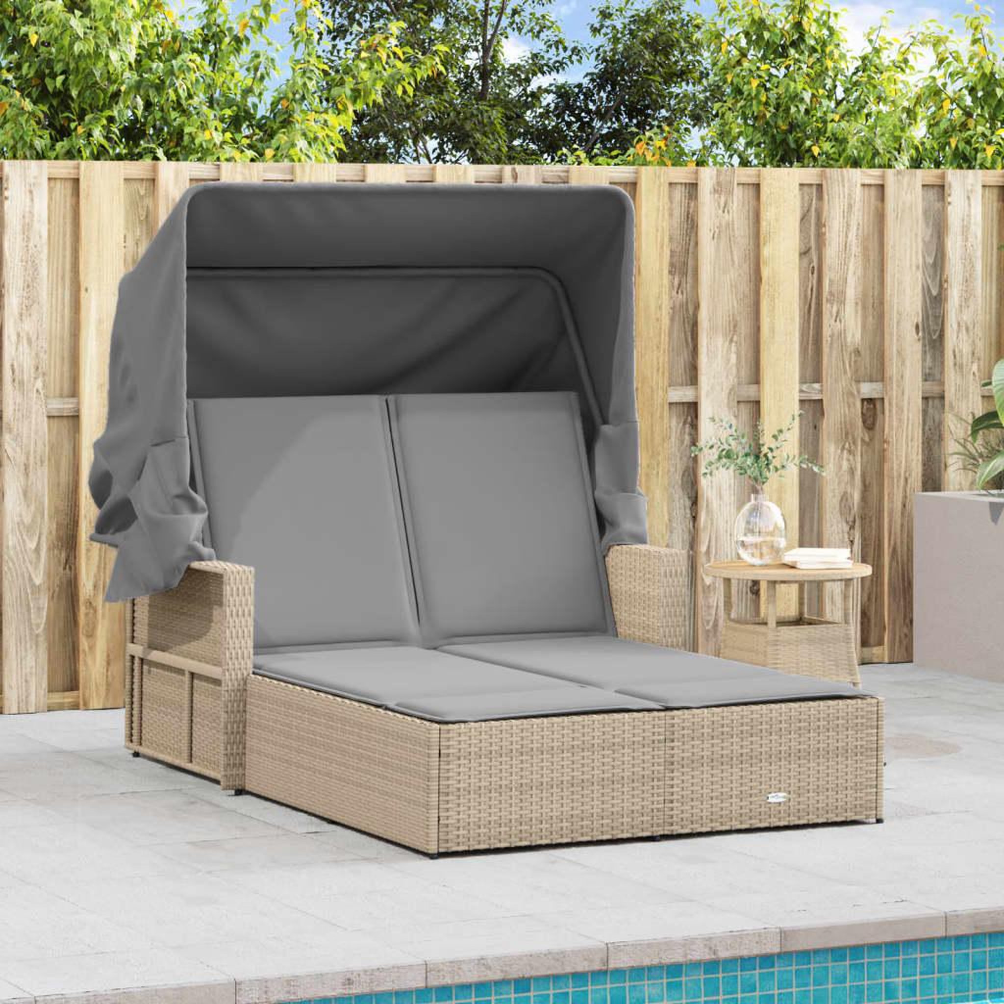 Voir la diapositive 3 : VIDAXL Chaise longue double et auvent et coussins melange beige rotin