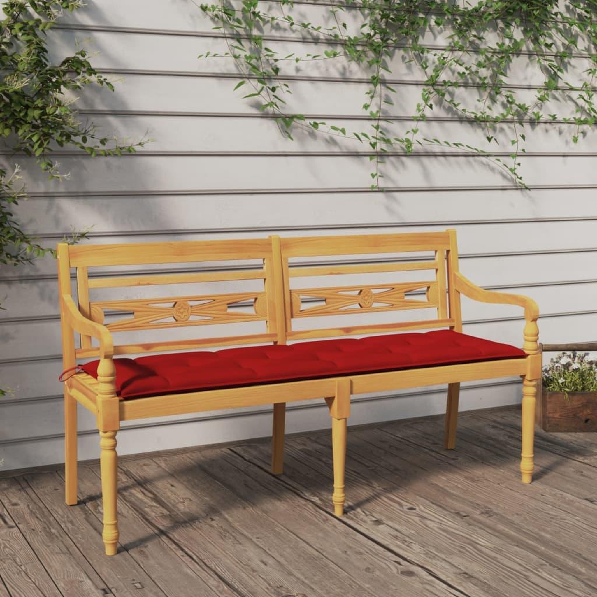 Voir la diapositive 1 : VIDAXL Banc Batavia avec coussin rouge 150 cm Bois de teck massif