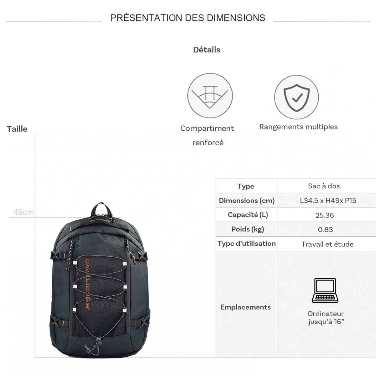 David Jones Sac à dos porte ordinateur 16''