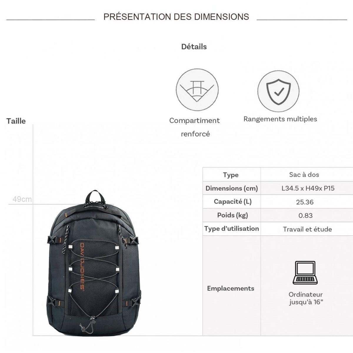 David Jones Sac à dos porte ordinateur 16''